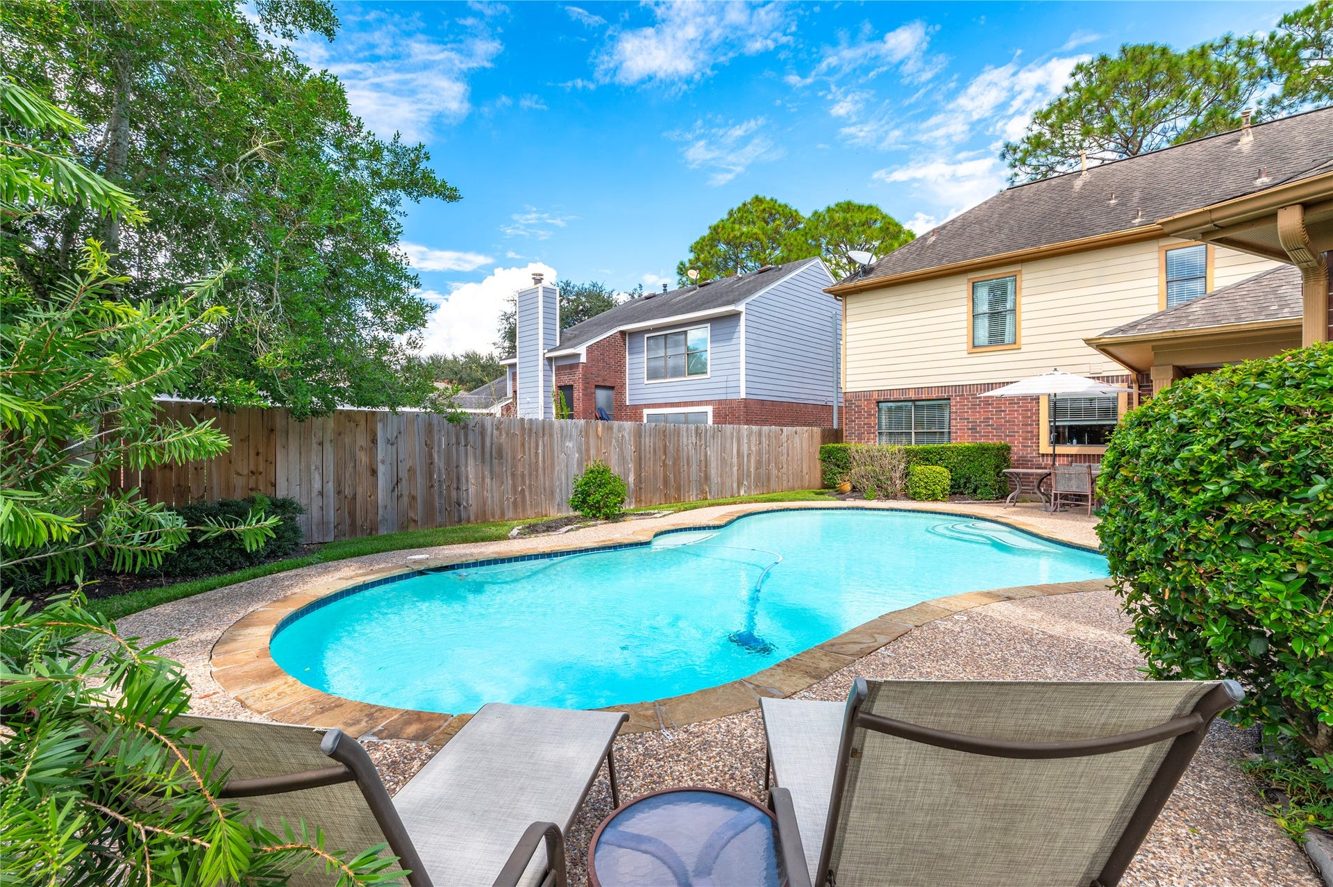 113 Coral Bay Drive, League City, TX 77573 Lounge poolside under big shade trees.