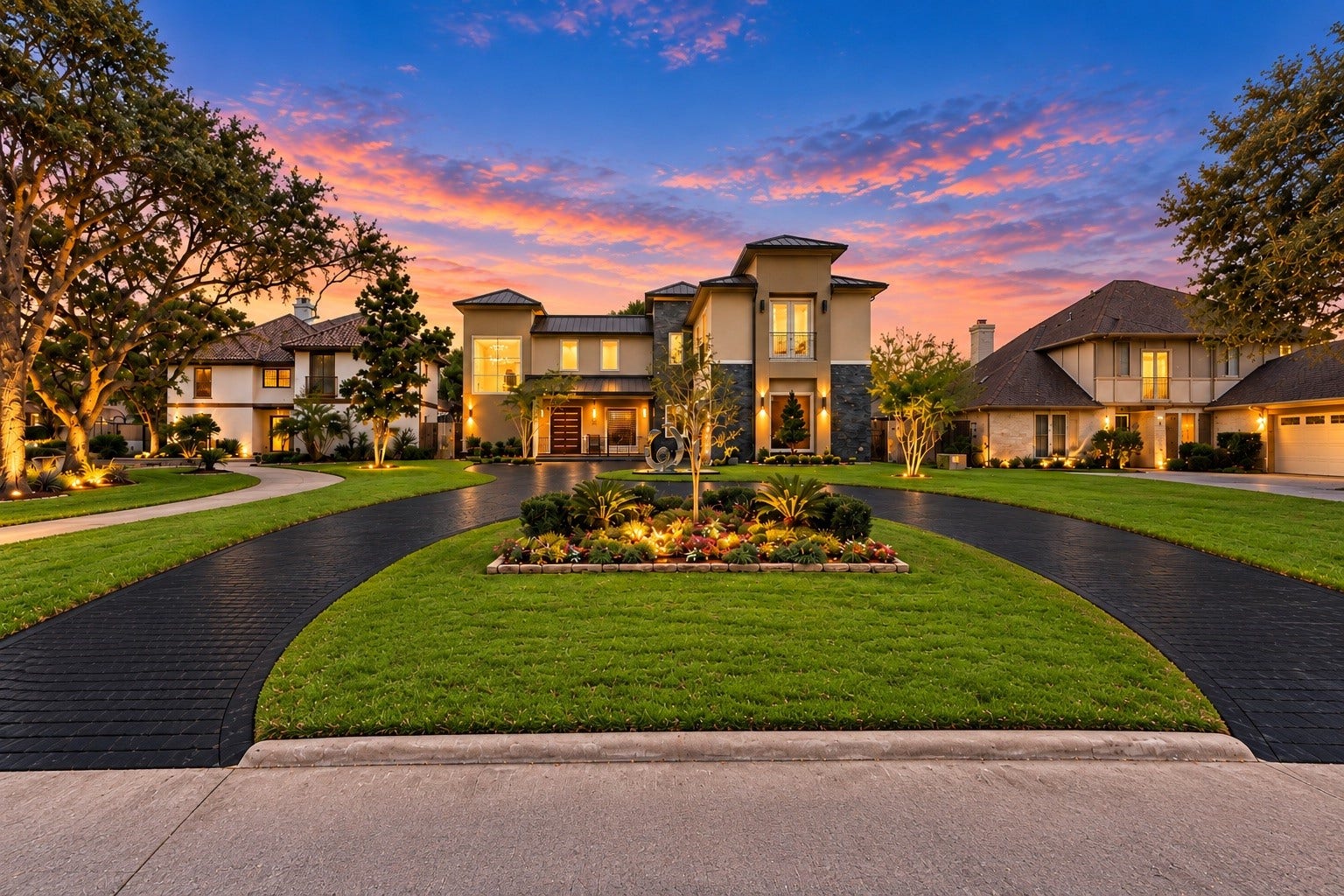 A landmark 8,405-square-foot estate in Sugar Creek, showcasing striking contemporary architecture, dramatic exterior illumination, manicured landscaping, and an expansive circular driveway. Positioned along the fairways of Sugar Creek Country Club.