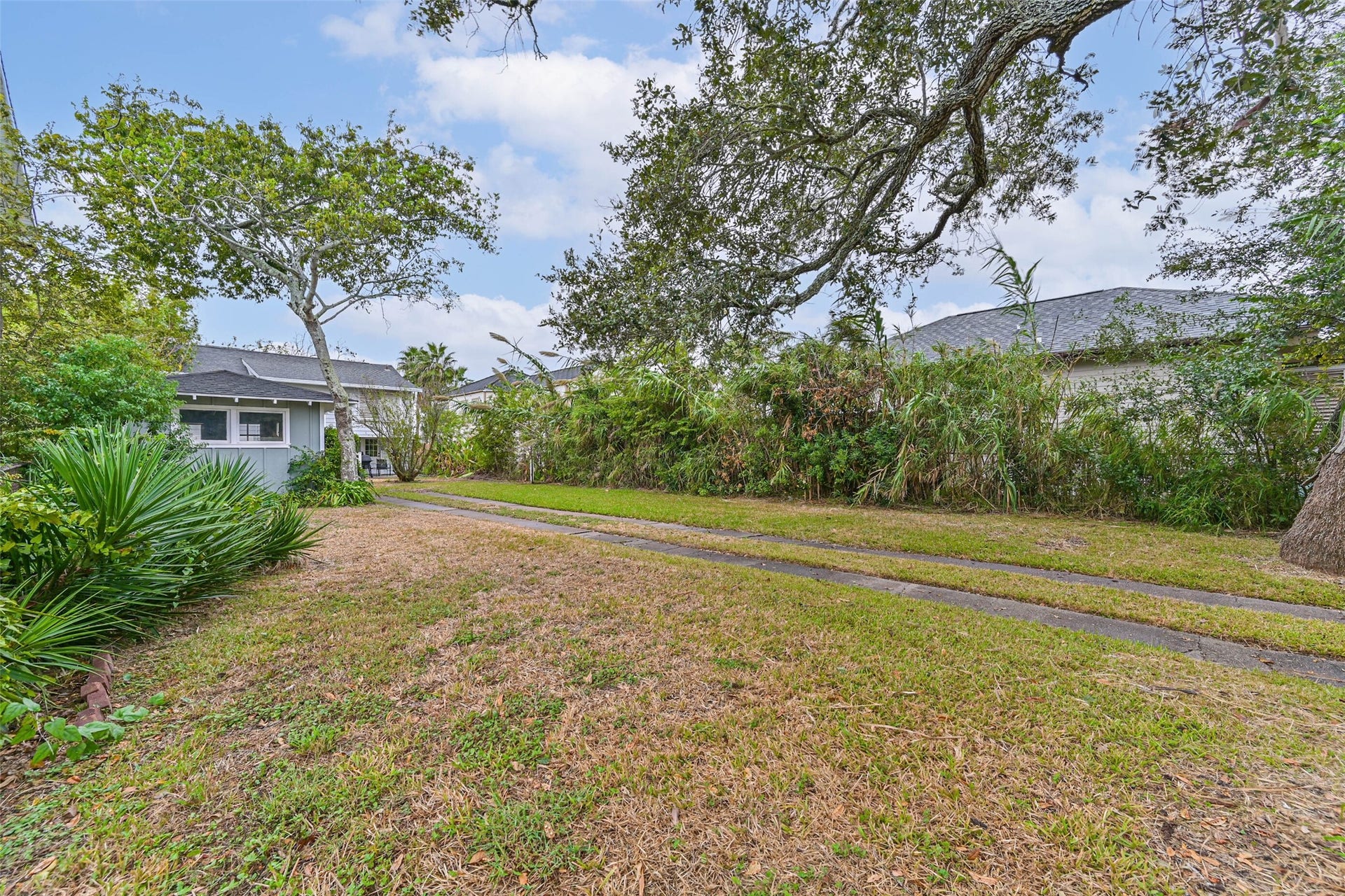 An open yard framed by mature trees and natural greenery, offering space to enjoy the outdoors.