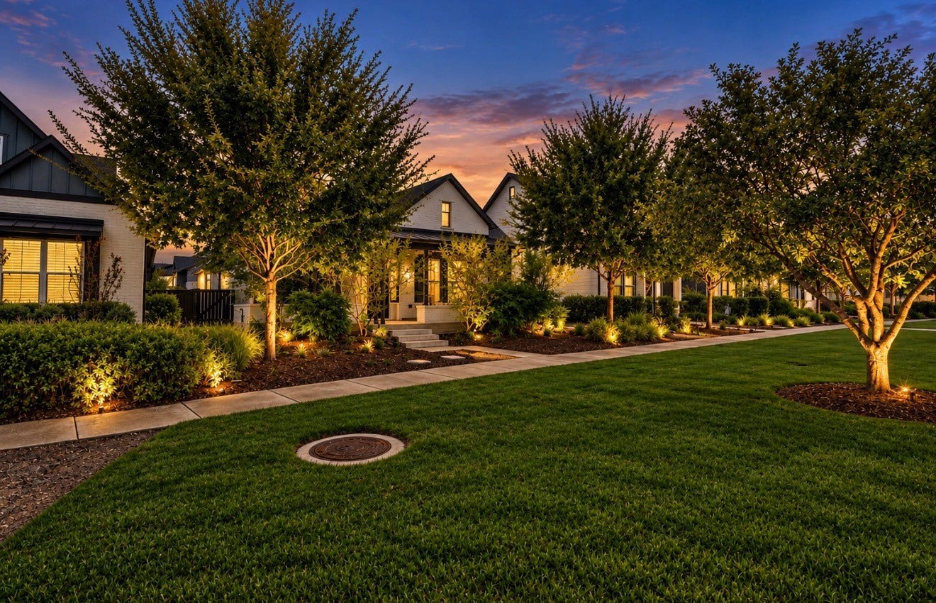 15814 Celebration Lane, Cypress, TX 77433 Evening exterior pairs mature landscaping with a peaceful setting in one of Bridgelands thoughtfully planned villages.