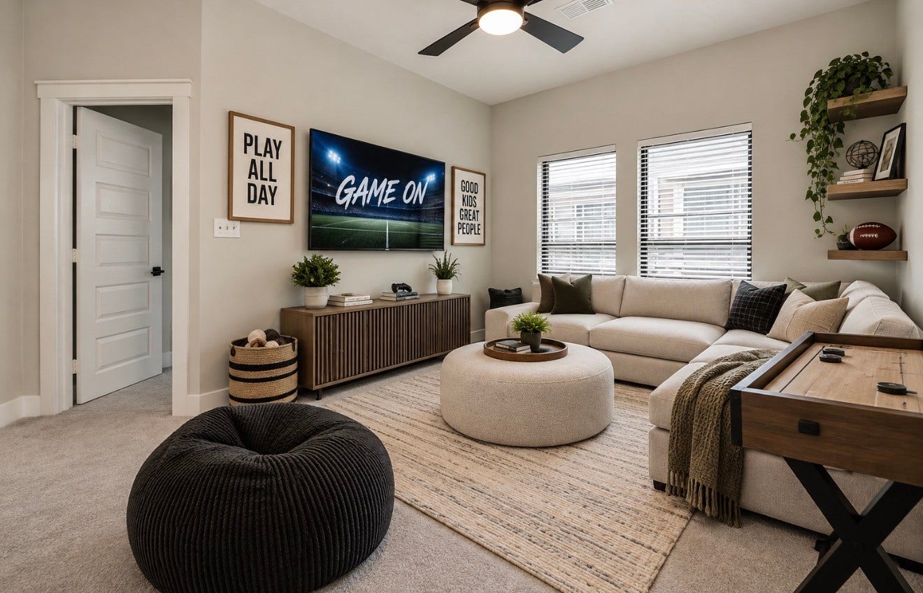 15814 Celebration Lane, Cypress, TX 77433 Virtually staged. Game room concept demonstrates a fun, comfortable destination for entertainment and relaxation.