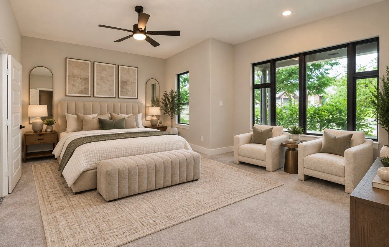 15814 Celebration Lane, Cypress, TX 77433 Virtually staged. Elevated bedroom design demonstrates the scale and furniture possibilities of the primary suite.