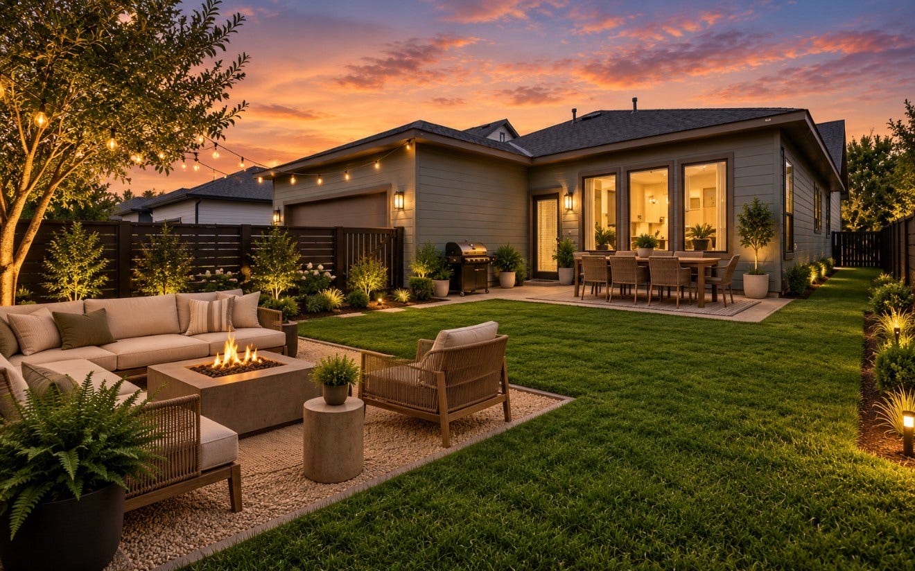 15814 Celebration Lane, Cypress, TX 77433 Virtually Staged - Twilight backyard view captures an inviting outdoor setting designed for memorable evenings at home.