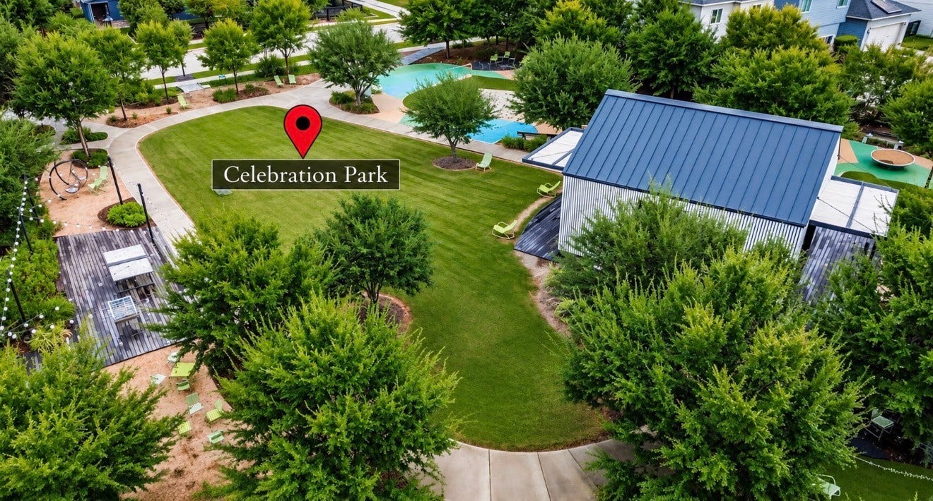 15814 Celebration Lane, Cypress, TX 77433 Aerial perspective showcases this David Weekley homes standout location near Celebration Park within the master-planned Bridgeland community.