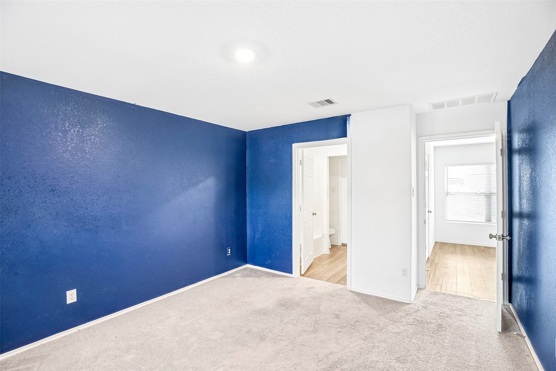 184 Kelly Street, Angleton, TX 77515 Empty carpeted interior room with blue painted walls, white trim, open doorways, and adjoining wood-look flooring.