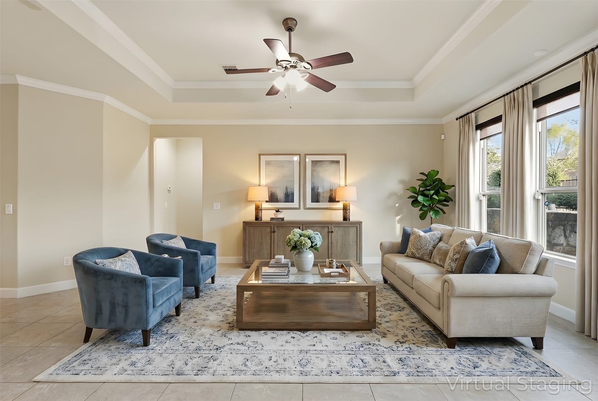 3263 Persimmon Grove, Richmond, TX 77469 Virtually staged living room. View from the dining area.