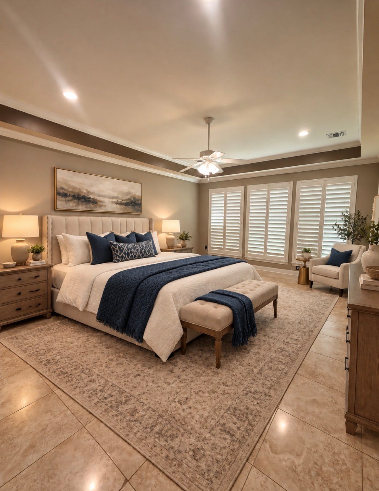 8746 Rippling Water Drive, Sugar Land, TX 77479 Primary bedroom offers a spacious retreat with tray ceiling, recessed lighting, plantation shutters, and plenty of room for a sitting area.