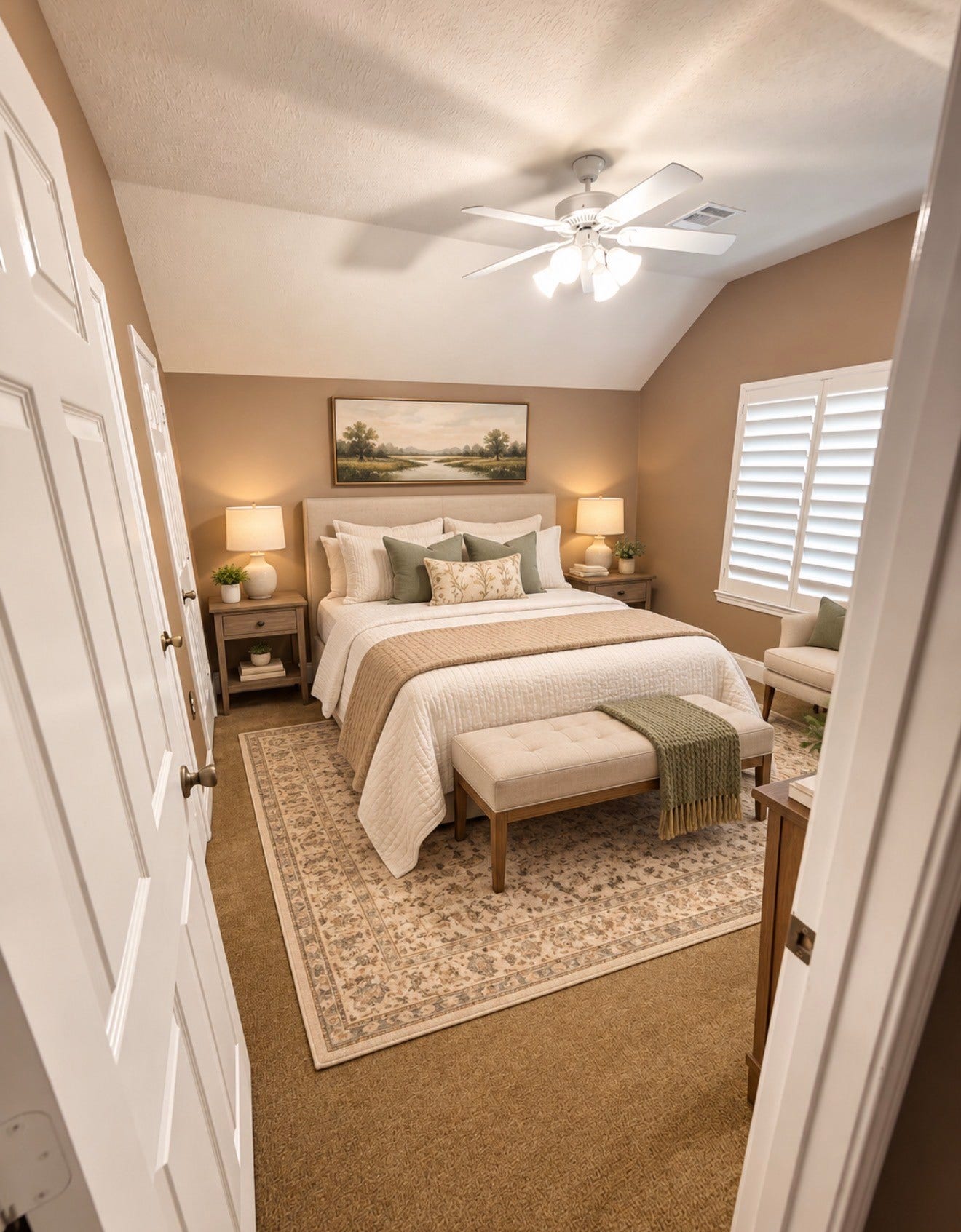8746 Rippling Water Drive, Sugar Land, TX 77479 Spacious upstairs bedroom featuring a vaulted ceiling, plantation shutters, ceiling fan, and plenty of room for a full bedroom suite and sitting area. (Virtually staged)
