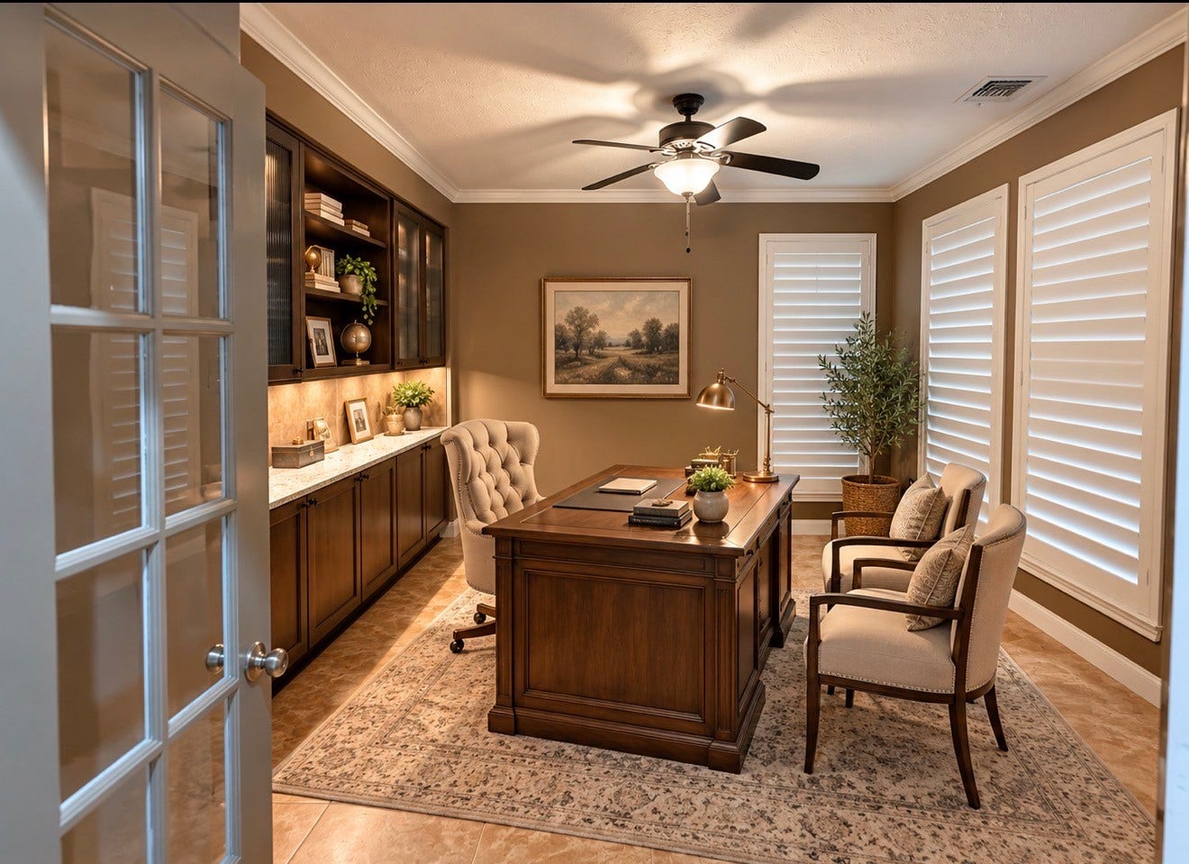 8746 Rippling Water Drive, Sugar Land, TX 77479 Beautiful private home office with rich built-in cabinetry, abundant storage, granite work surface, crown molding and plantation shutters. Spacious enough for an executive desk and guest seating, creating a warm and functional work-from-home retreat.