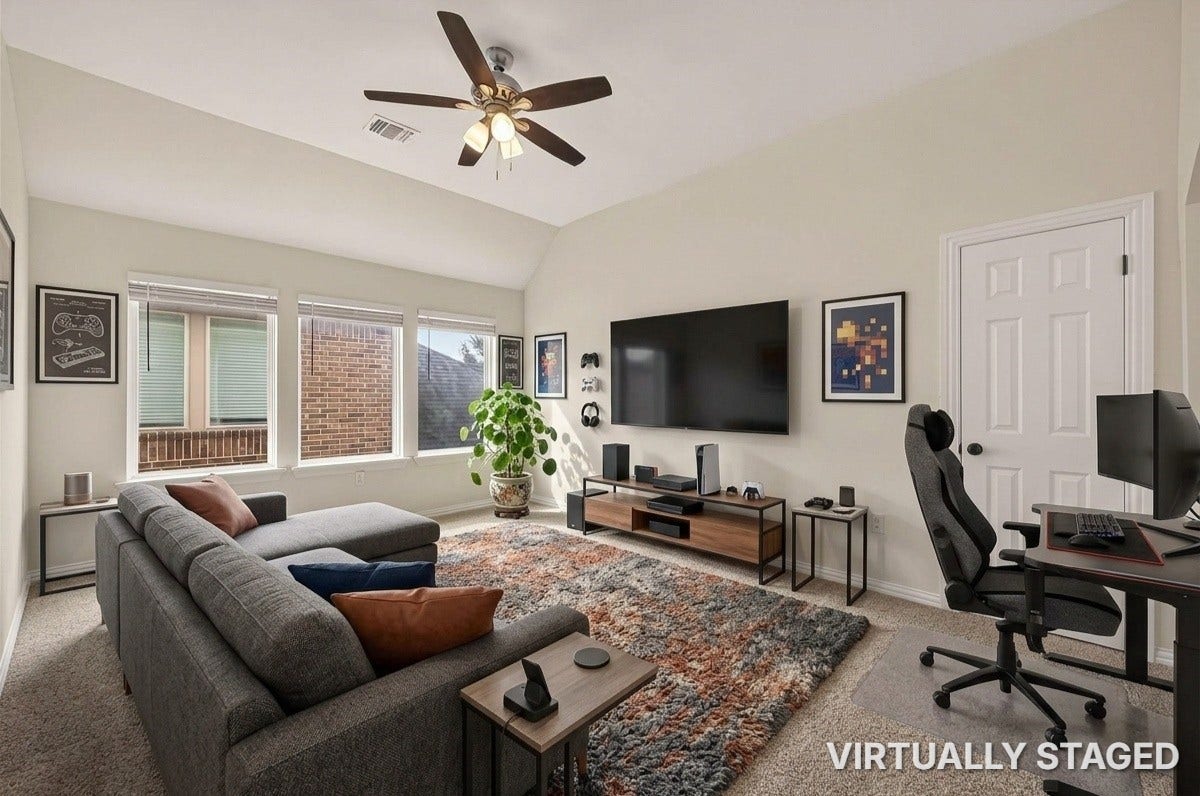 4423 Parkwater Cove Court SE, Sugar Land, TX 77479 This game room features a cozy, carpeted space with ample natural light from multiple windows, and a ceiling fan.