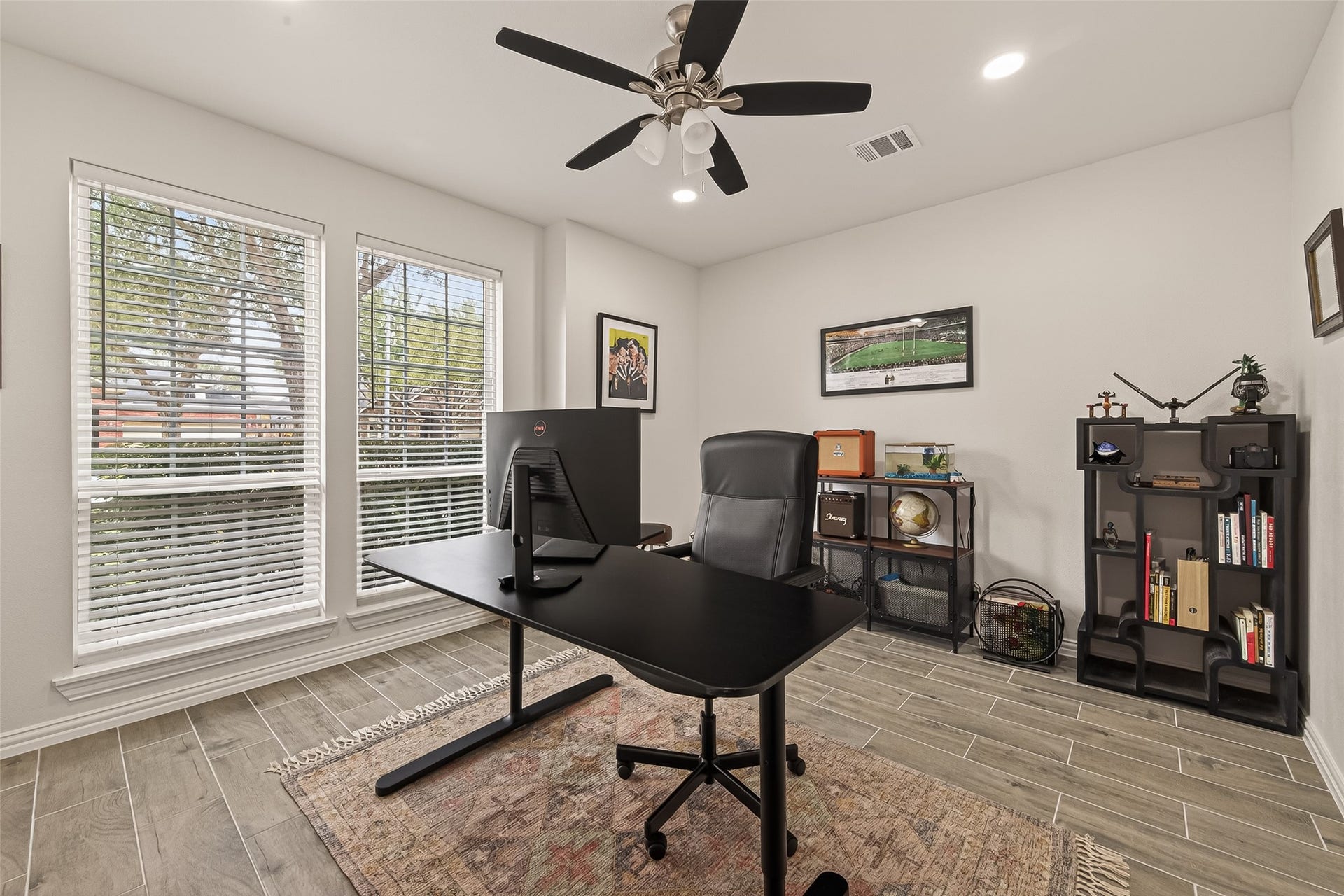 4423 Parkwater Cove Court SE, Sugar Land, TX 77479 This home office features large windows with abundant natural light, a modern ceiling fan, and stylish wood-look tile flooring.