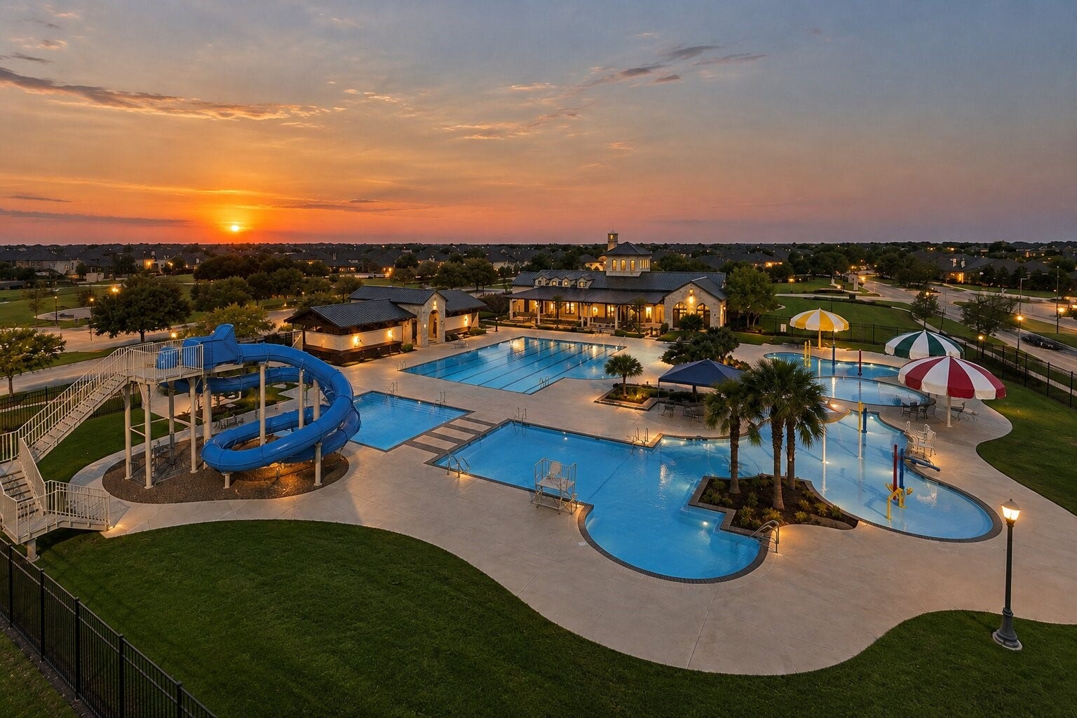 8106 Colony Chase Court, Richmond, TX 77407 Grand Vista community amenities featuring a resort-style swimming pool, water slides, children's splash area, and spacious recreation facilities.