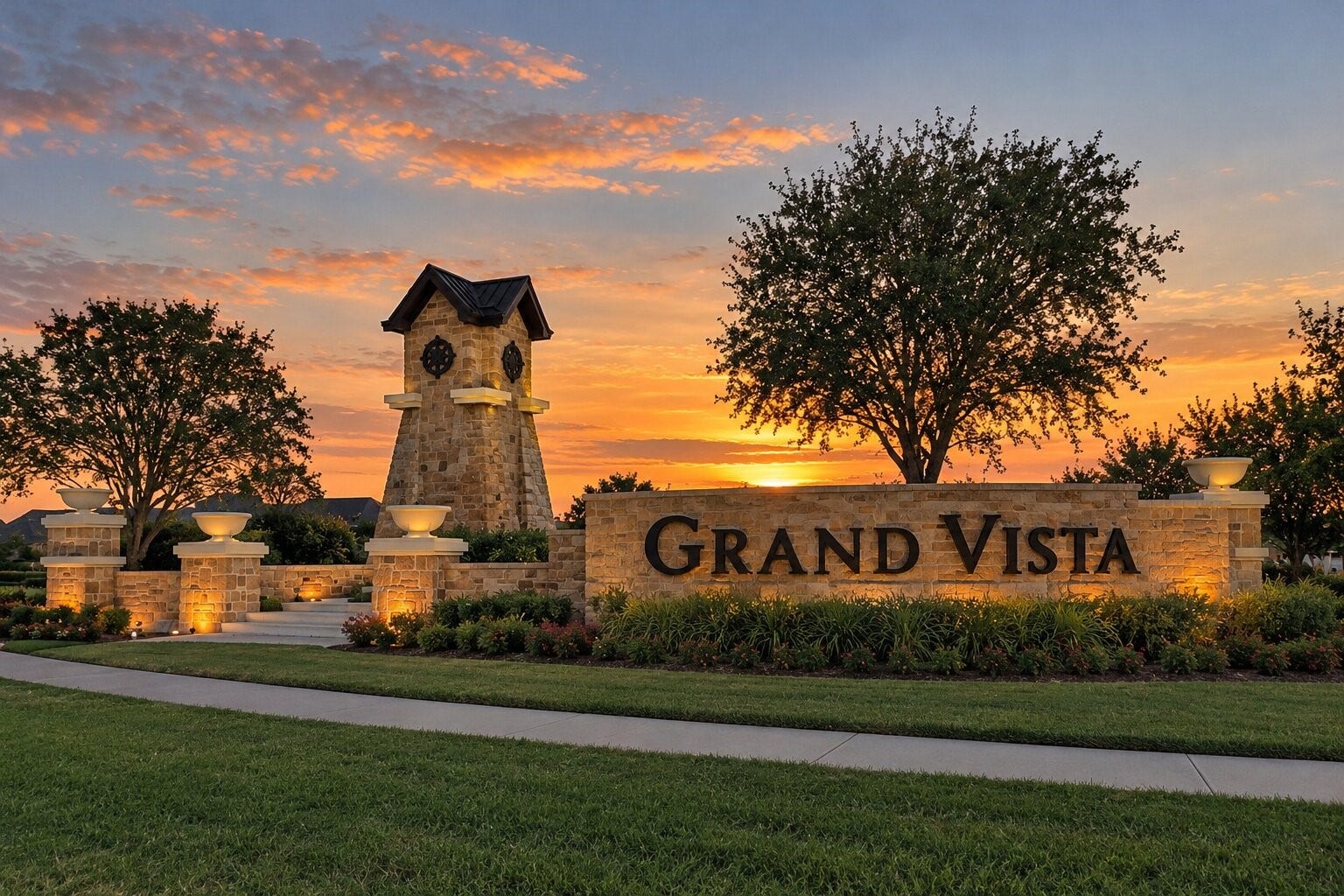 8106 Colony Chase Court, Richmond, TX 77407 Beautiful Grand Vista community entrance featuring attractive stonework, landscaped grounds, and welcoming neighborhood surroundings.