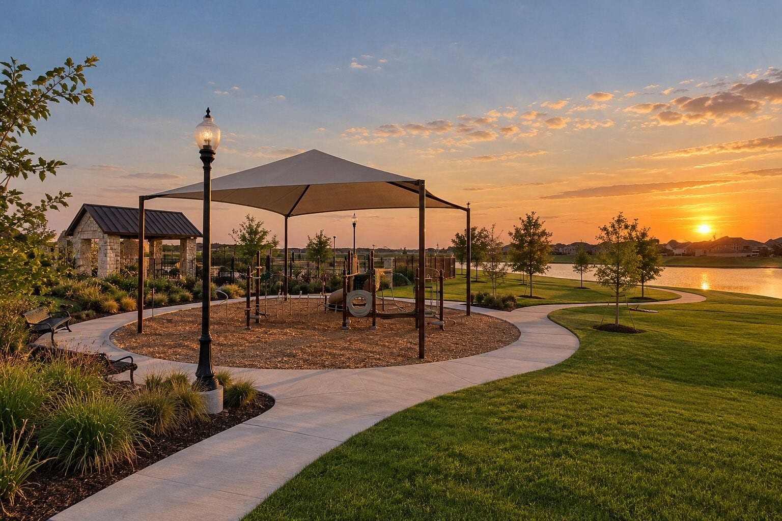 8106 Colony Chase Court, Richmond, TX 77407 Scenic community playground with shaded play areas, beautifully maintained green spaces, walking paths, and peaceful lake views.