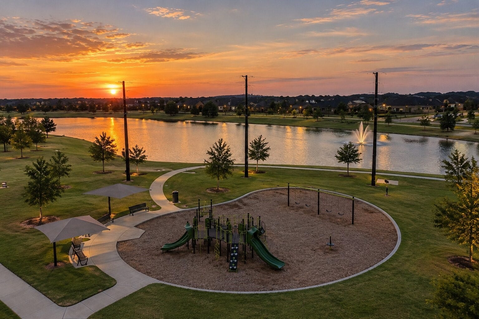 8106 Colony Chase Court, Richmond, TX 77407 Aerial view of the community playground featuring play structures, shaded seating areas, walking trails, and scenic lake views.