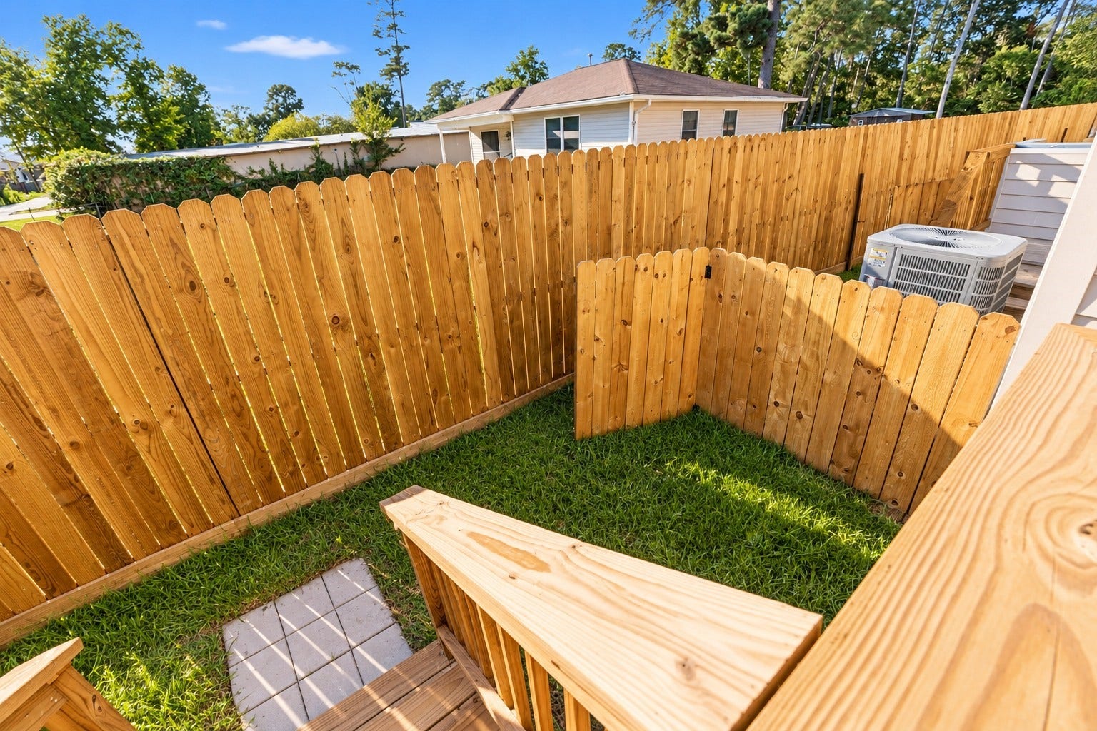 3252 Creekmont Drive, Houston, TX 77091 Charming backyard with fresh wood fencing, lush green grass, and a small patio area for outdoor enjoyment.