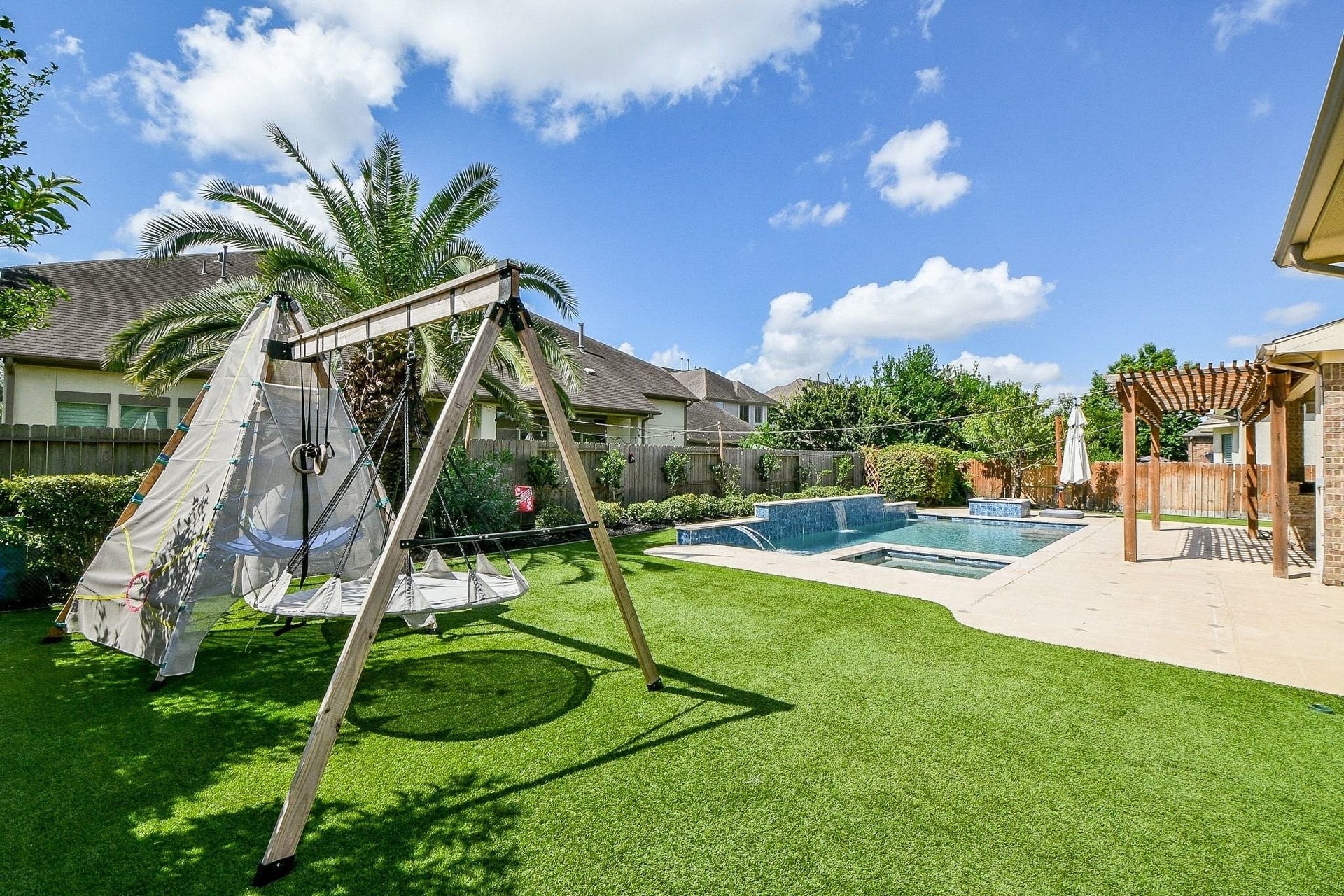 11410 Sardinia Drive, Richmond, TX 77406 Even with the expansive pool and extended patio areas, the backyard still offers plenty of room for a playground, trampoline, or your favorite outdoor games, making this space as functional as it is beautiful.