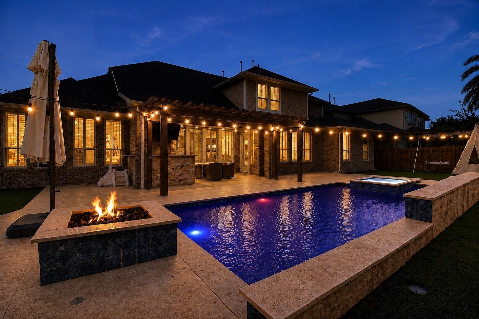 11410 Sardinia Drive, Richmond, TX 77406 At night, this pool transforms into a beautiful backyard oasis. Blue and red pool lighting creates a captivating purple glow across the water, while the firepit and string lights set the perfect ambiance for relaxing and entertaining under the stars.