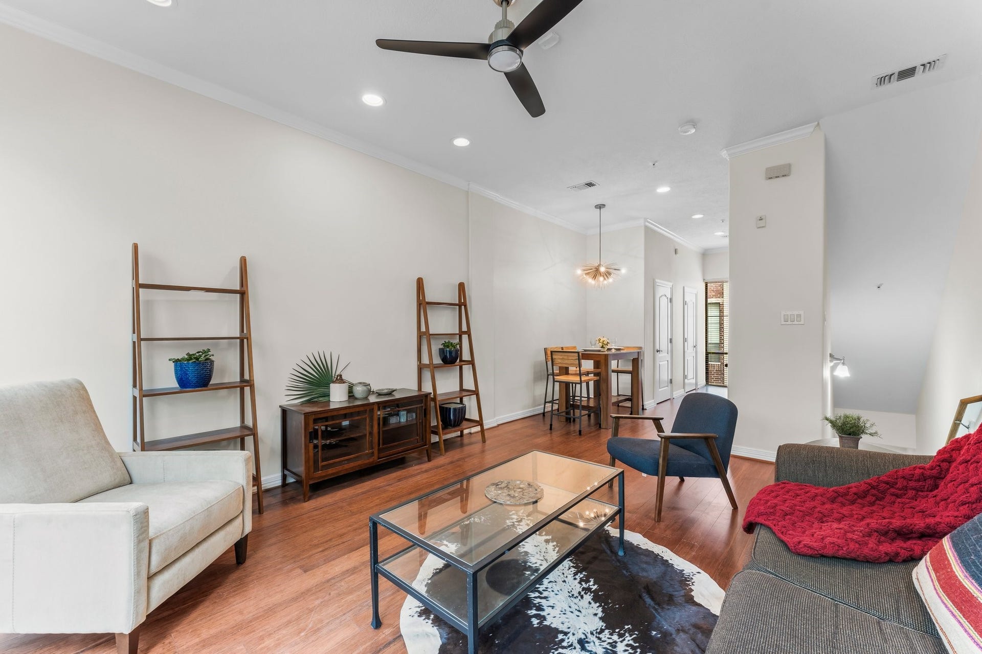 Your view from the sliding glass doors toward the kitchen
