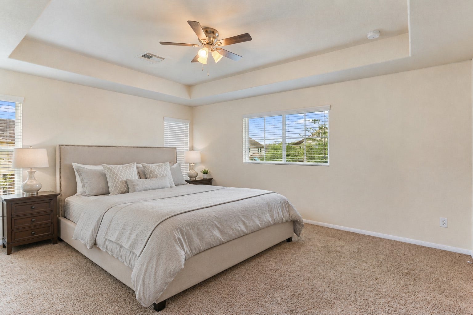 3330 Cabin Wood Way, Houston, TX 77084 Primary bedroom is located upstairs. (So is the laundry room, yay bonus feature!)
The bed-set is digitally staged.
