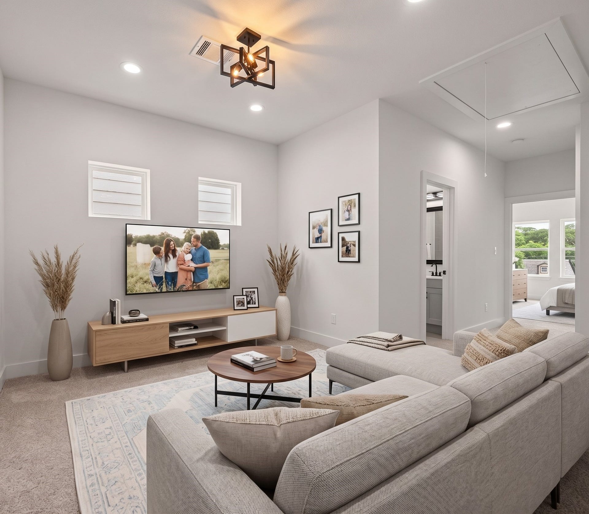 6808 Madrid Street, Houston, TX 77021 This photo shows a bright, carpeted room with modern lighting, featuring two small windows. The room leads to a hallway and has an adjacent space visible, suggesting an open layout.
Virtual Staging