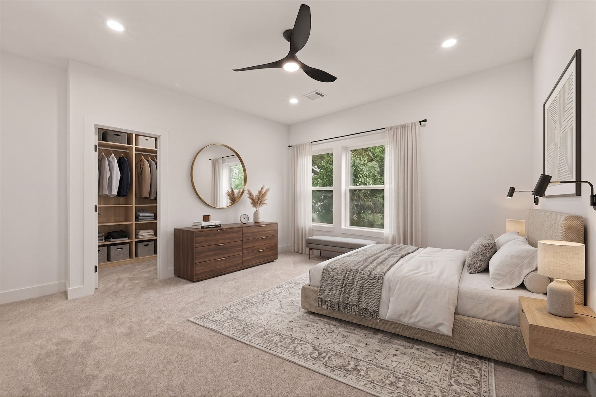 6808 Madrid Street, Houston, TX 77021 This room features clean white walls, a modern ceiling fan, and plush carpeting. Natural light streams through two large windows, offering a view of lush greenery, creating a bright and inviting space.
Virtual Staging