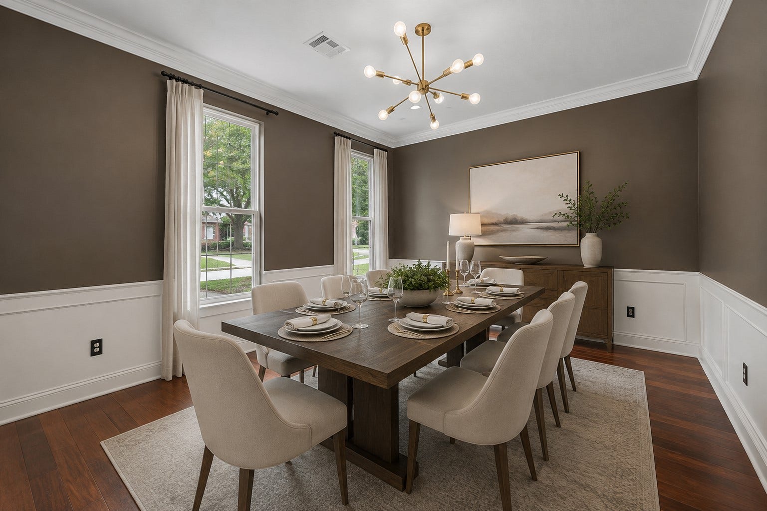 Formal dining room virtually staged to illustrate furniture placement and entertaining space.