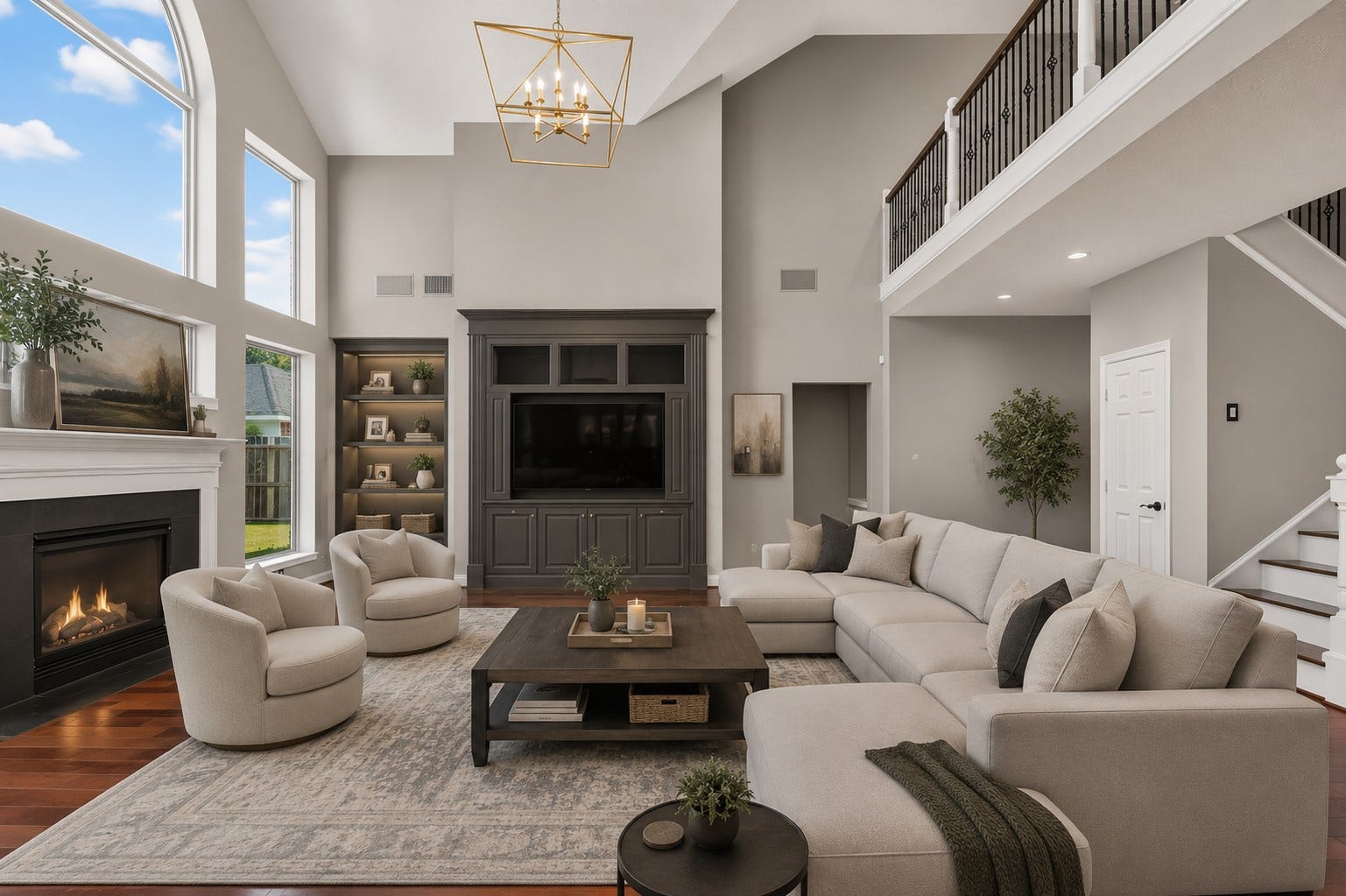 Family room virtually staged to showcase the soaring ceiling, fireplace, built-ins and wall of windows overlooking the backyard.