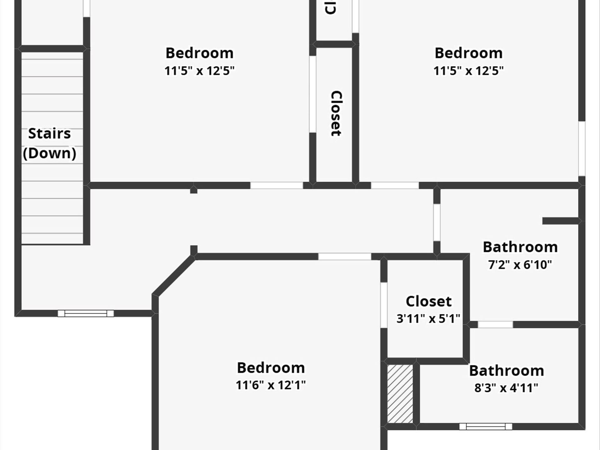 319 Francis Cove, Surfside Beach, TX 77541 This floor plan features three bedrooms, each approximately 11'5" x 12'5", with two bathrooms. It includes ample closet space and a staircase leading downstairs. The layout is efficient, offering comfortable living space.