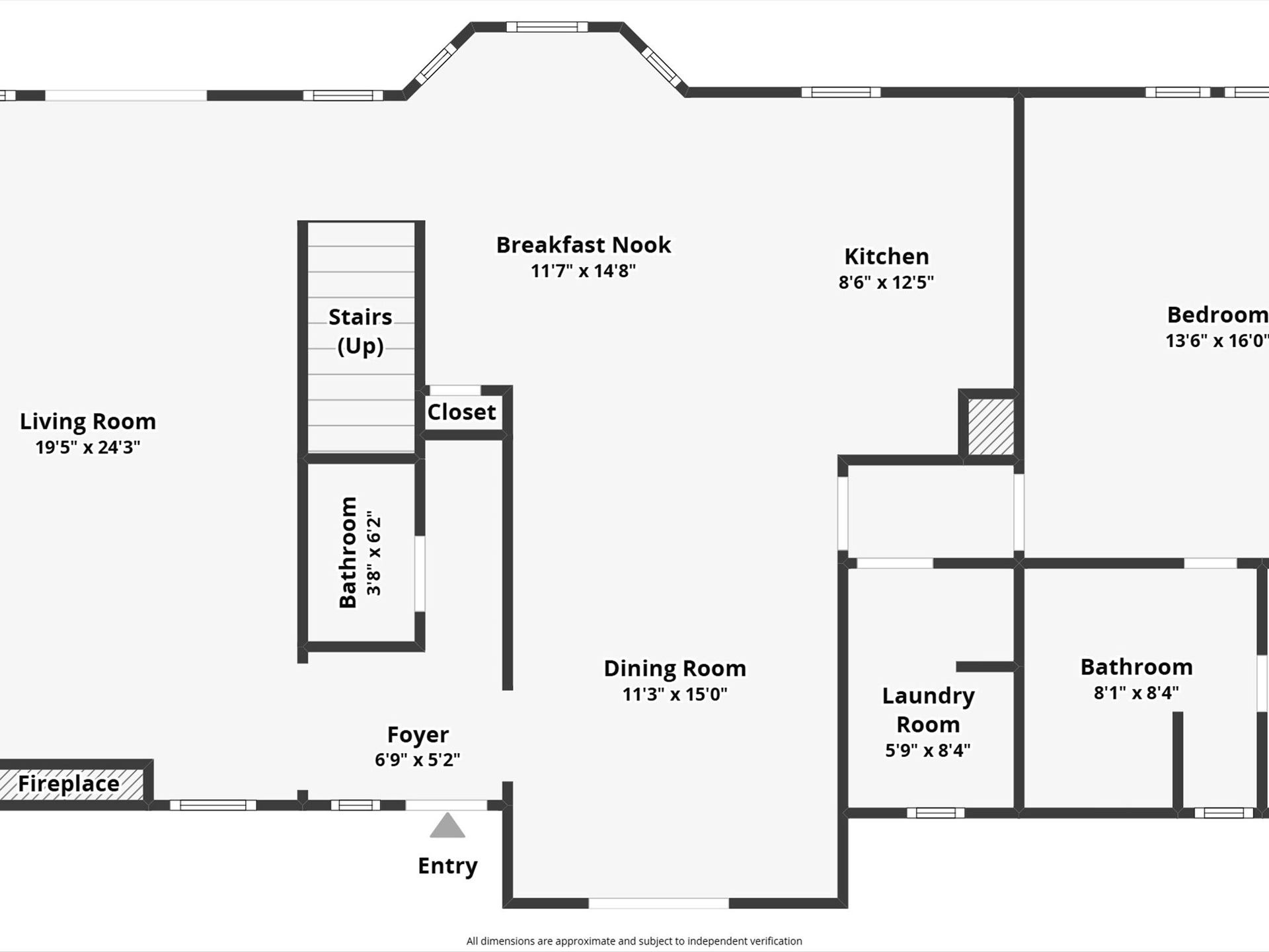 319 Francis Cove, Surfside Beach, TX 77541 This floor plan features a spacious living room with a fireplace, a dining room, a kitchen with an adjacent breakfast nook, and a large bedroom. It includes two bathrooms, a laundry room, and a foyer leading to the entry. Stairs are centrally located for access to additional levels.