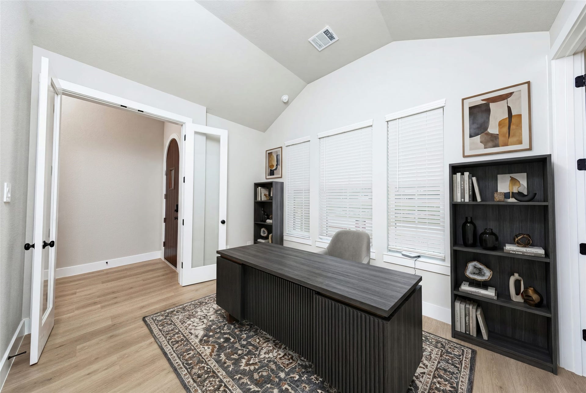 41418 Threadgill Way, Montgomery, TX 77316 This handsome home office features tile flooring, large windows, cathedral ceilings, custom paint, walk-in closet, and gorgeous French doors for added privacy! *Virtually Staged
