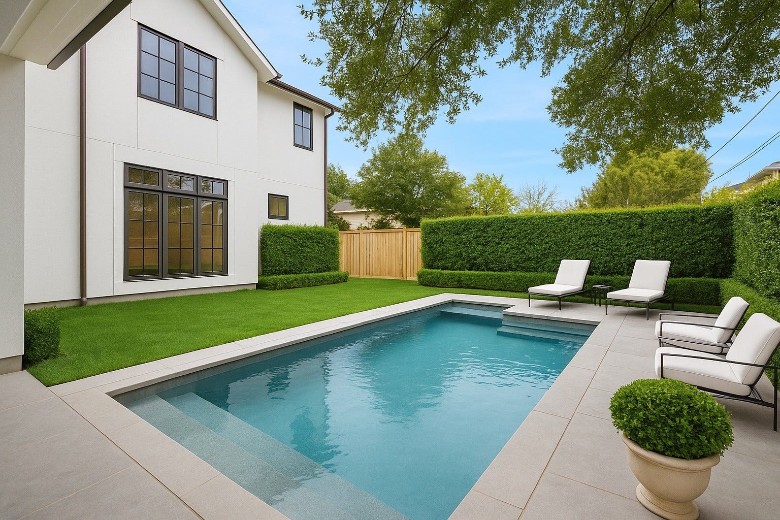 A digitally rendered pool concept illustrates how the spacious backyard can easily accommodate a future pool while maintaining green space for play, gardening, or outdoor lounging. With the homes deep covered patio and summer kitchen just steps away, this layout shows the propertys strong potential for a fully integrated indoor outdoor living experience. Ideal for buyers who want to visualize the yards flexibility and long term possibilities. *Previous Project*