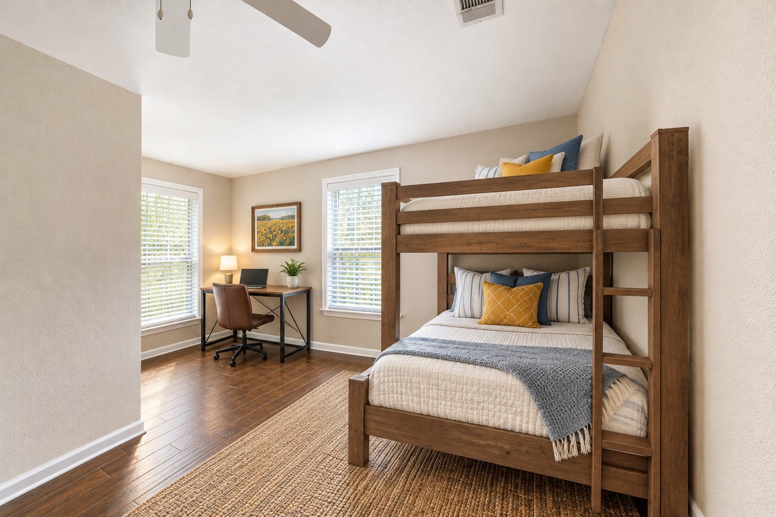 This photo is for illustration purposes only to show a desk area and bunkbeds as one of the options for the secondary bedroom.