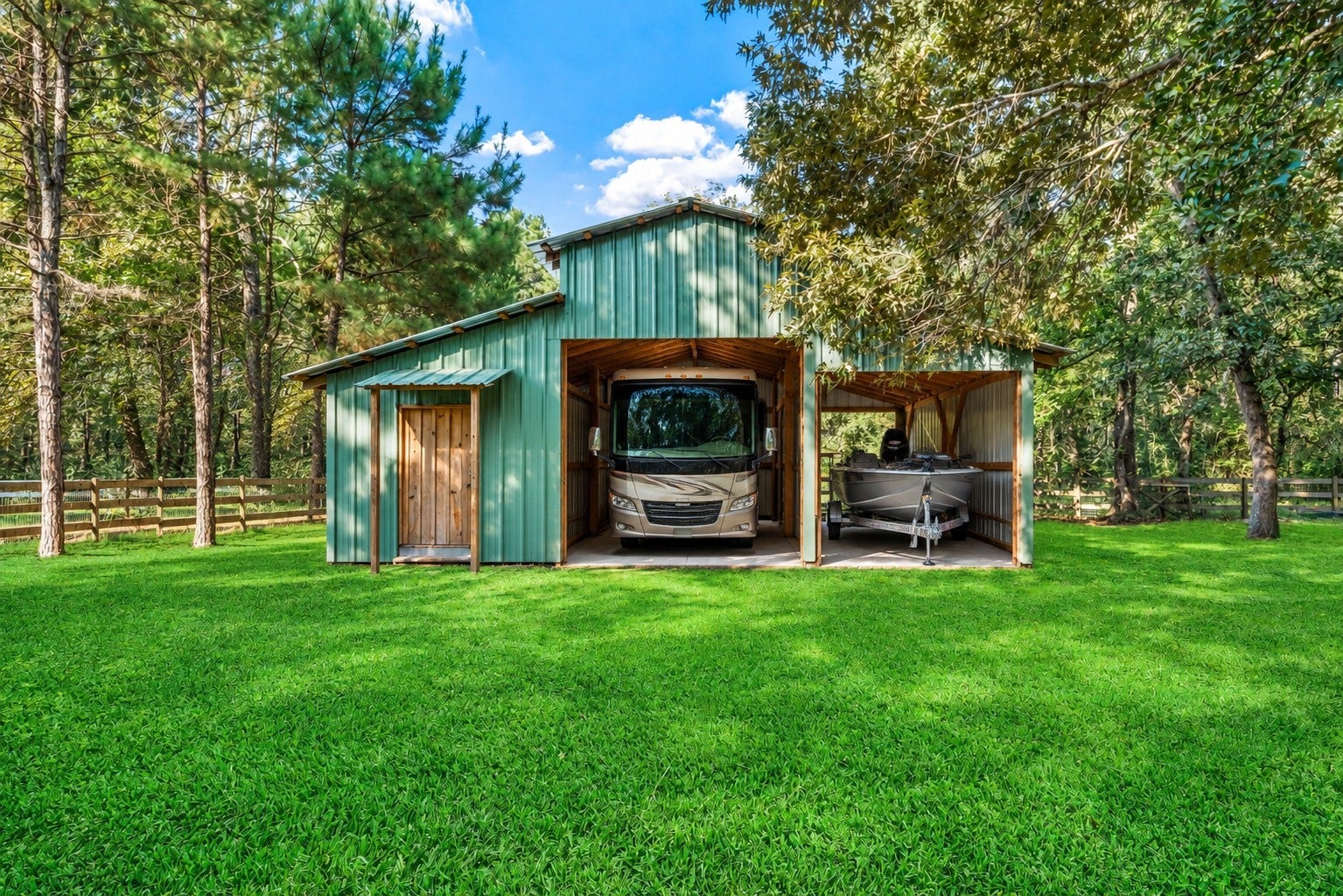 This photo is for illustration purposes only.  If you are needing RV and boat storage, this is the perfect barn set up.  Currently it has a dirt floor, a concrete floor is showed here to show you the potential this barn has to offer.