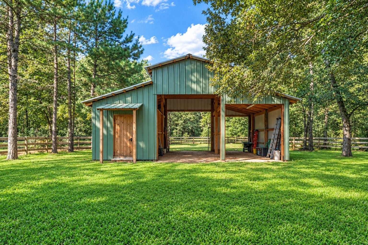 Nicely tucked away in the rear corner of the property sits a fabulous barn built in 2024. It does have electricity with lights and electrical outlets. The barn is 32.5 x 29 with a storage room of 10 x 29. The first bay is 11.3 tall x 10.4 wide, the second bay is 9.7 tall x 9.3 wide. The flooring is a dirt base, and the storage room flooring is wood.