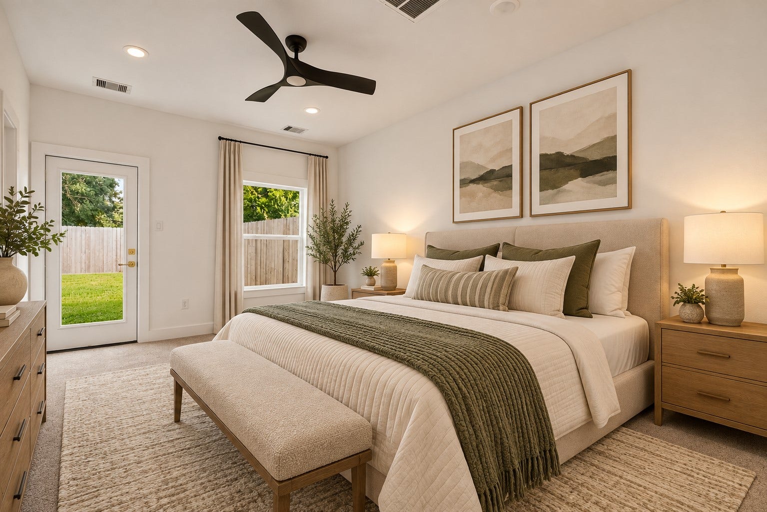 9309 Caddo Road, #A/B, Houston, TX 77078 Digitally staged. Your private main suite retreat. Featuring plush carpet, a stylish modern ceiling fan, and direct glass-door access to step out into your peaceful backyard.