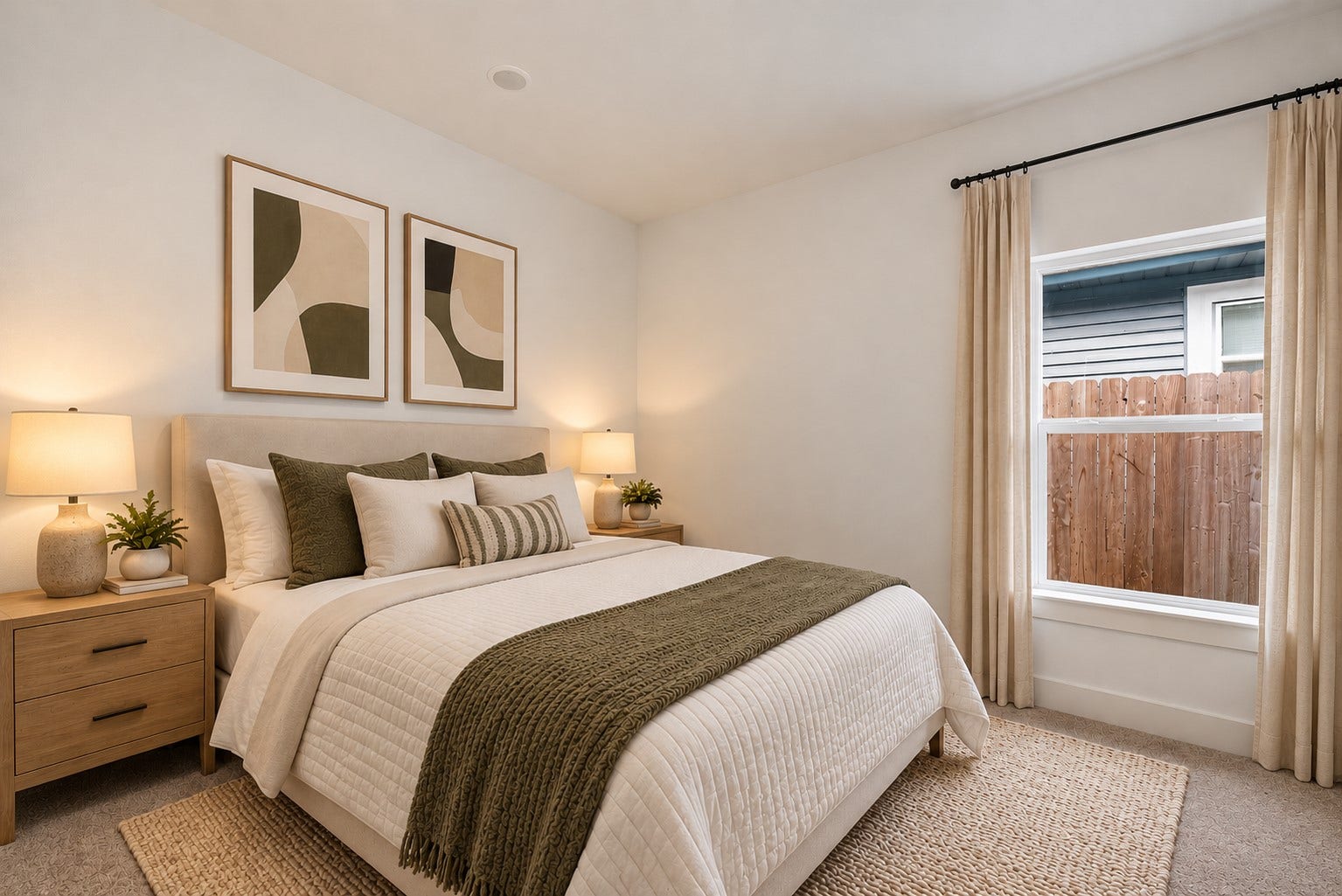 9309 Caddo Road, #A/B, Houston, TX 77078 Digitally staged. A quiet, cozy retreat designed for restful nights. Soft neutral walls and plush carpeting create a peaceful atmosphere, while a bright window frames serene views of your private fenced backyard.