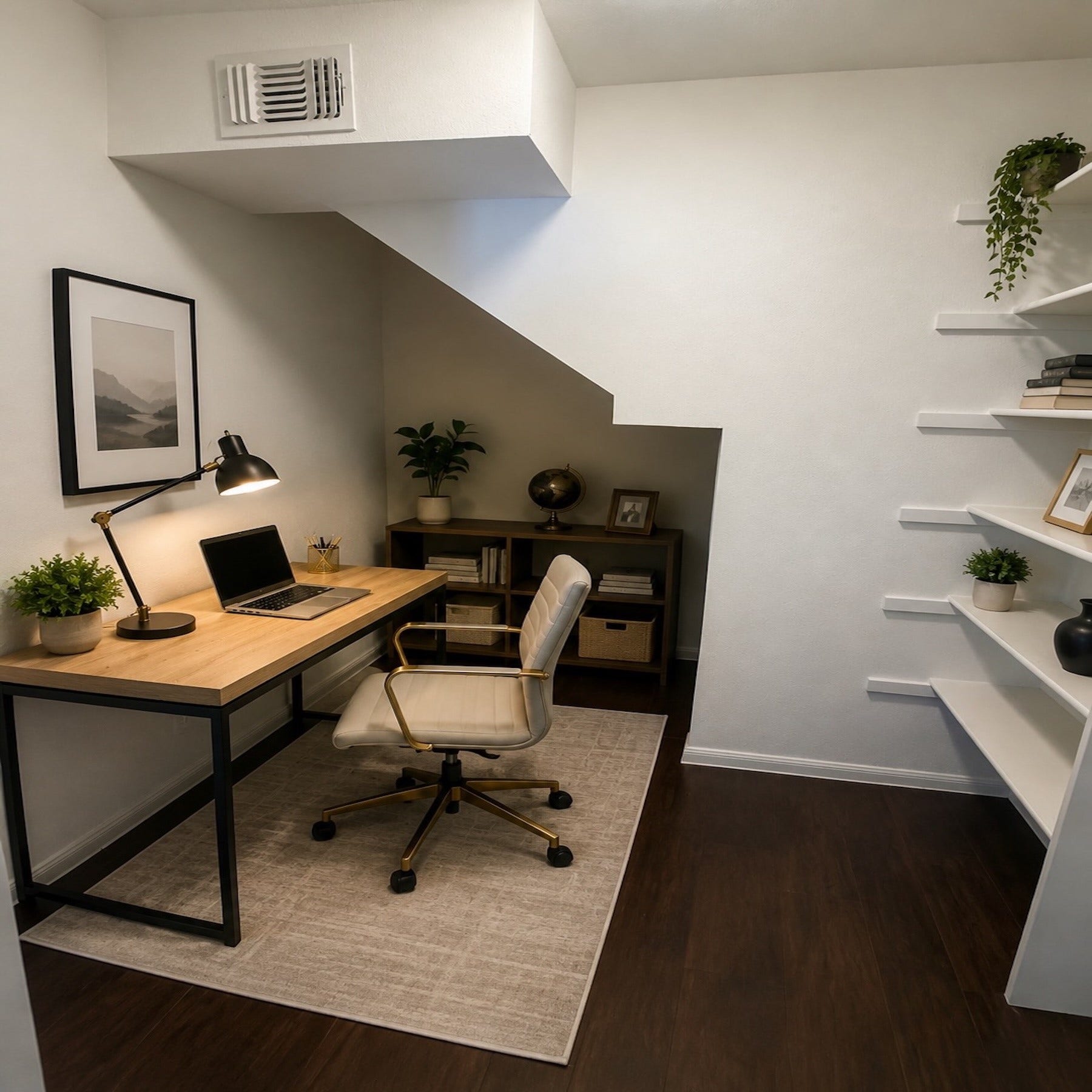 Virtually staged closet right at front entry is big enough to be used for an office.