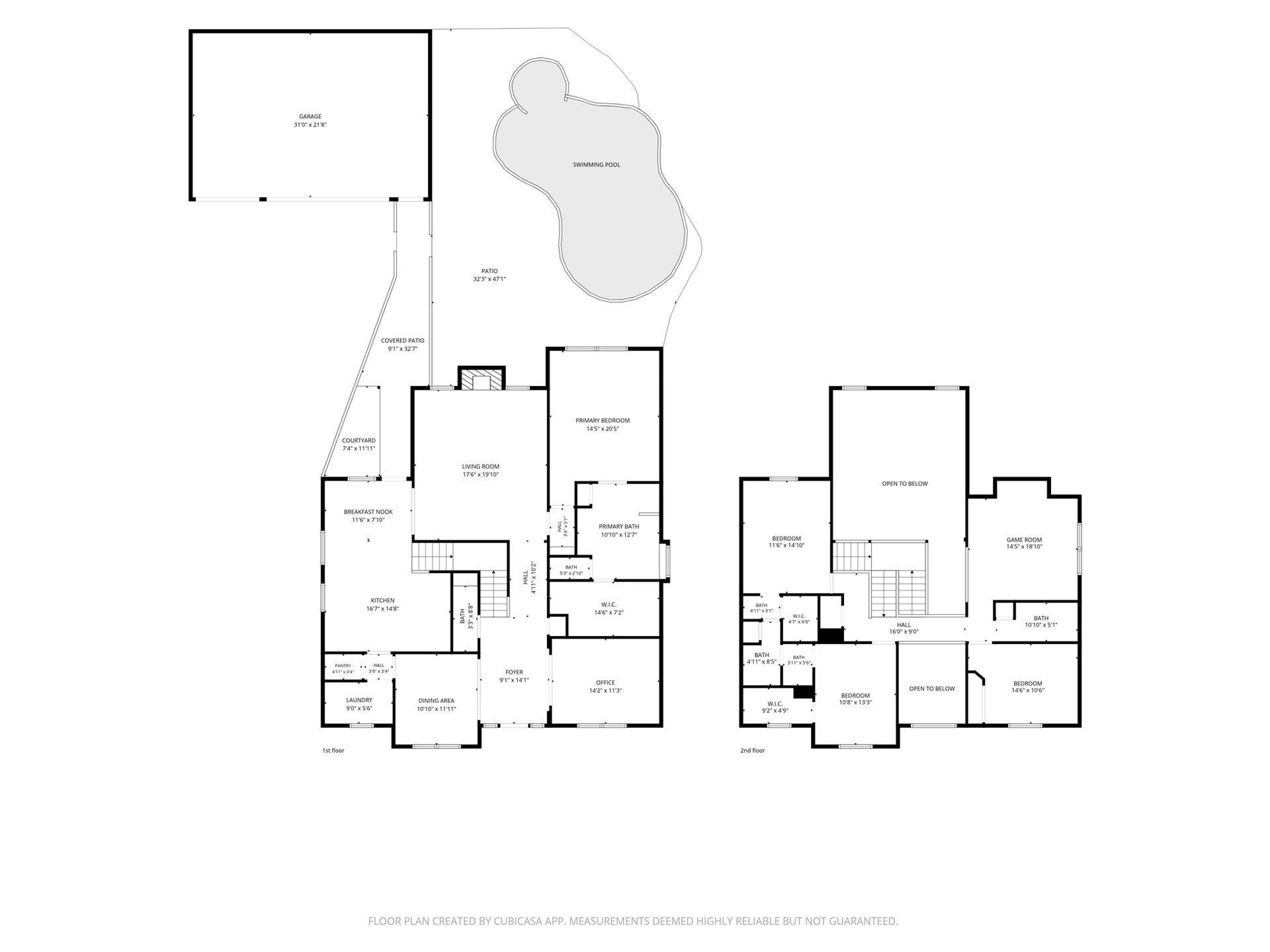 Detailed two-story floor plan showcasing the home's spacious layout, room dimensions, detached garage, and backyard pool and spa.