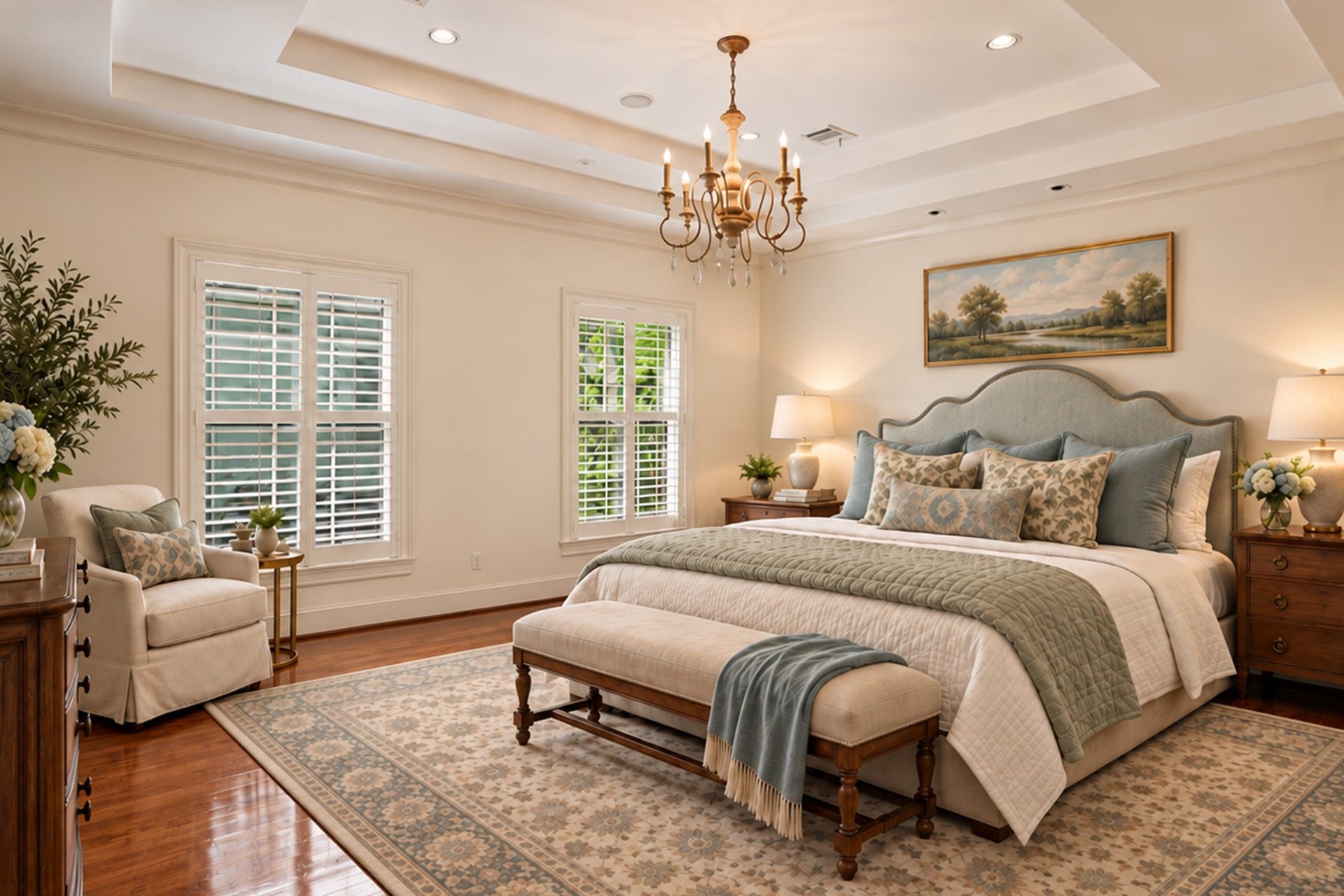 The expansive primary suite features a private office, spa-inspired bath, double walk-in closets, and a versatile adjoining room with a wet bar, beverage refrigerator, and dedicated dressing area. A tray ceiling and beautiful hardwood floors complete the space. Virtually staged.