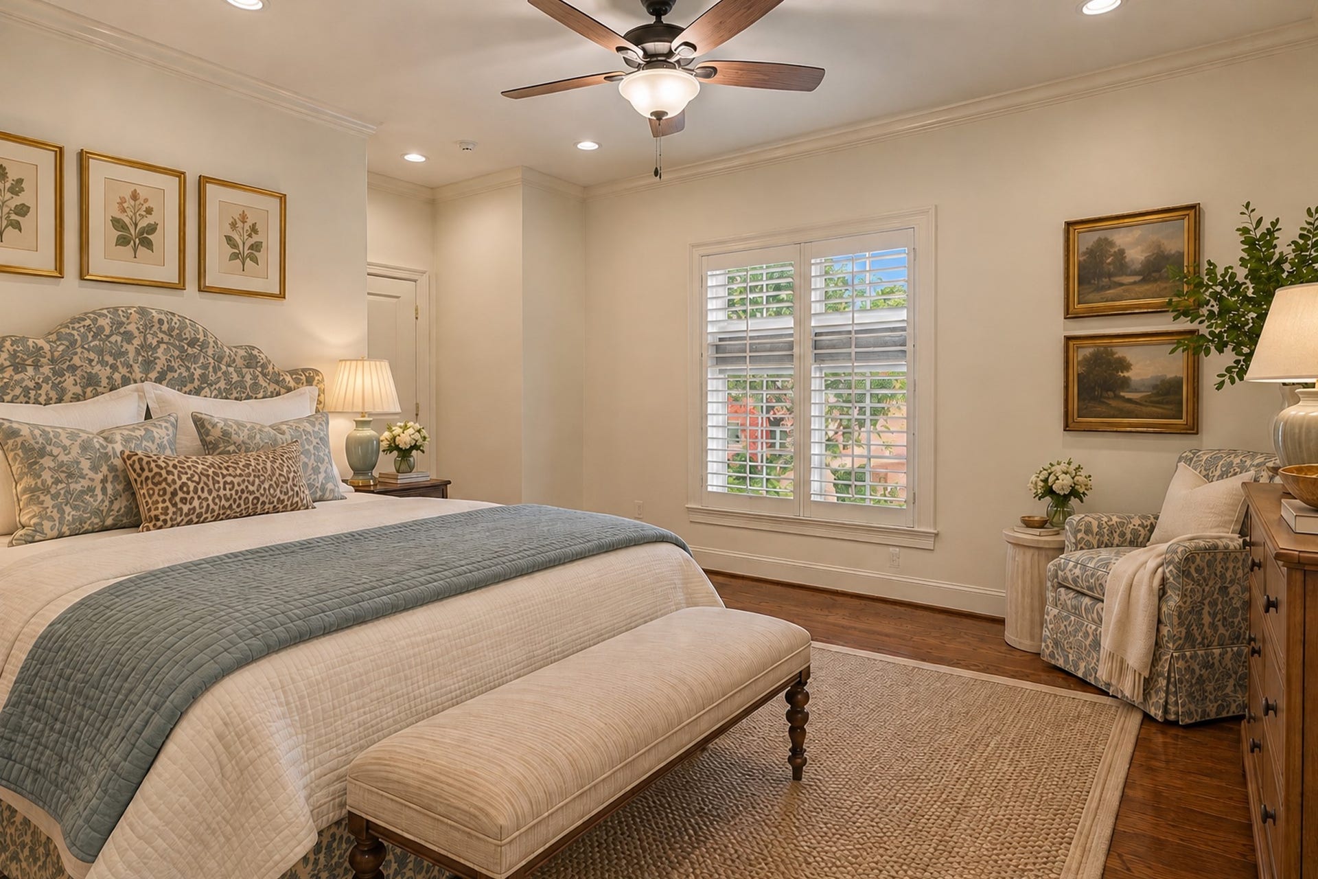 Secondary bedroom with ensuite bath, hardwood floors, and crown molding. Virtually staged.