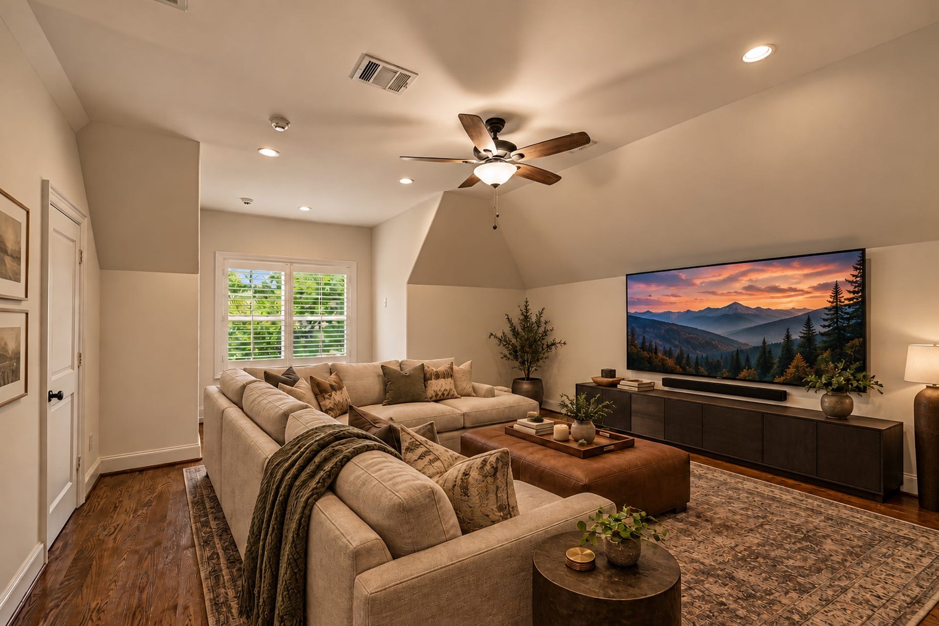The spacious third floor flex room offers versatility as a game room, home gym, media room, or fourth bedroom, complete with an en-suite bath. Virtually staged.