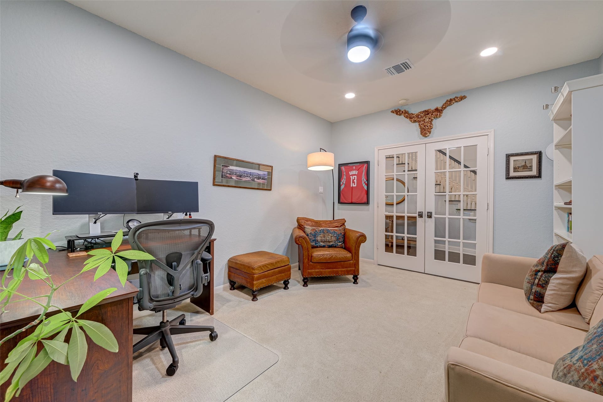 7707 Stone Arbor Drive, Sugar Land, TX 77479 Working from home? This private first-floor Study is ready for business! French doors create separation from the foyerclose them when its time for a Zoom meeting or conference callwhile the carpet helps soften sound underfoot. Theres plenty of room for a substantial desk plus a comfortable sitting area, and updated recessed lighting and a ceiling fan with integrated light add function overhead. Settle in, close the doors, and get to work!