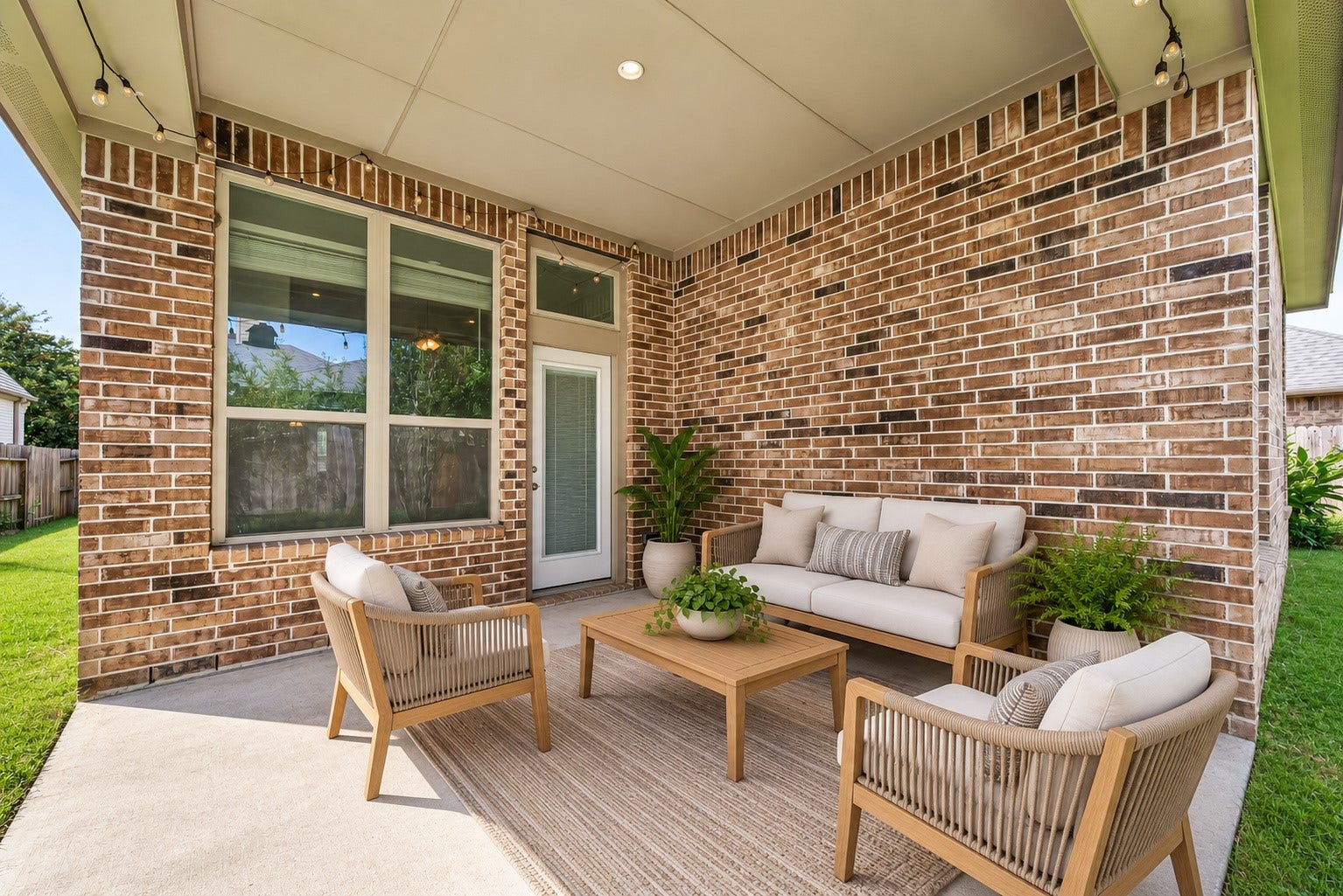 8155 Laughing Falcon Trail, Conroe, TX 77385 Covered rear patio overlooking the fenced backyard, offering a shaded space for outdoor seating and entertaining. Virtually Staged.
