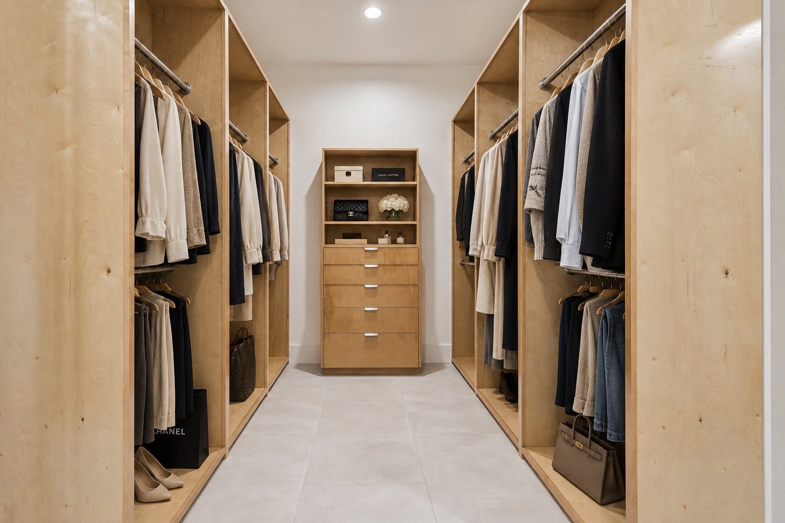1601 Pine Chase Drive, Houston, TX 77055 Built-in wood shelving, double hanging rods, central dresser. Virtually staged