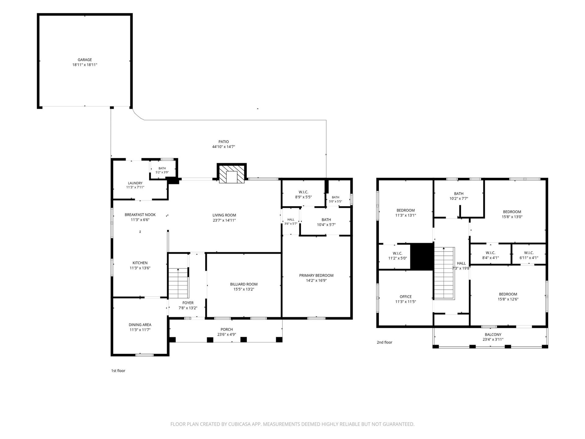 10818 Creektree Drive, Houston, TX 77070 Floor Plan: Detailed two-story floor plan highlighting the spacious living areas, downstairs primary suite, billiard room, upstairs bedrooms, office, balcony, and outdoor patio.