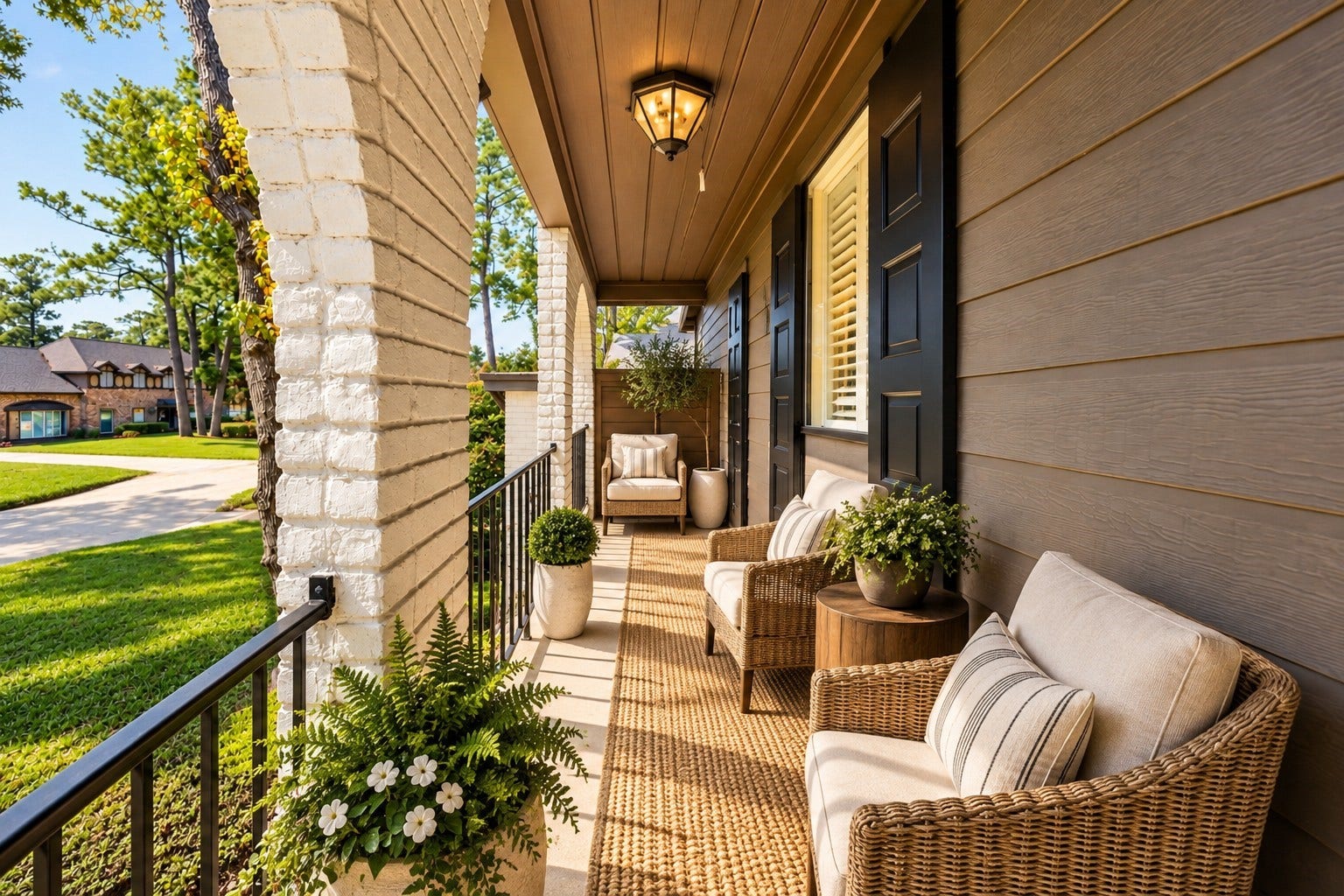 10818 Creektree Drive, Houston, TX 77070 Covered Front Porch (Virtually Staged)
Charming covered front porch featuring classic brick columns, wood-paneled ceiling, and inviting space for outdoor seating. A welcoming setting to relax and enjoy the beautifully landscaped surroundings.