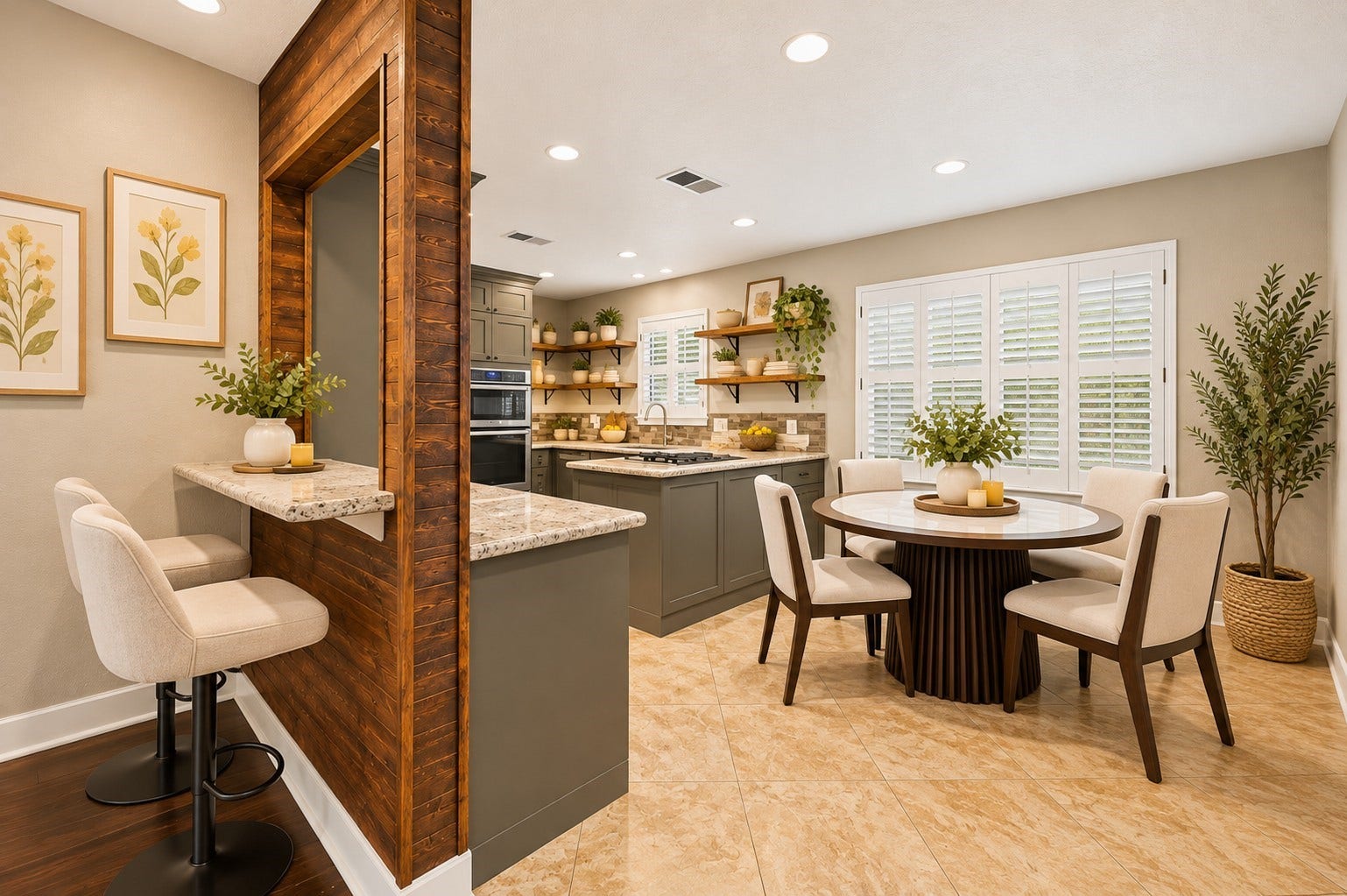 10818 Creektree Drive, Houston, TX 77070 Kitchen & Breakfast Area (Virtually Staged)
Beautifully designed kitchen and breakfast area featuring granite countertops, gray cabinetry, stainless steel appliances, and abundant natural light. A charming wood-accented breakfast bar adds character and additional seating.