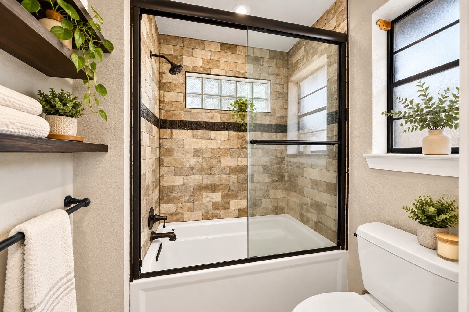 10818 Creektree Drive, Houston, TX 77070 Secondary Bathroom (Virtually Staged)
Beautifully appointed bathroom featuring a shower and tub combination with decorative tile surround, glass sliding doors, dark fixtures, and windows allowing natural light to brighten the space.