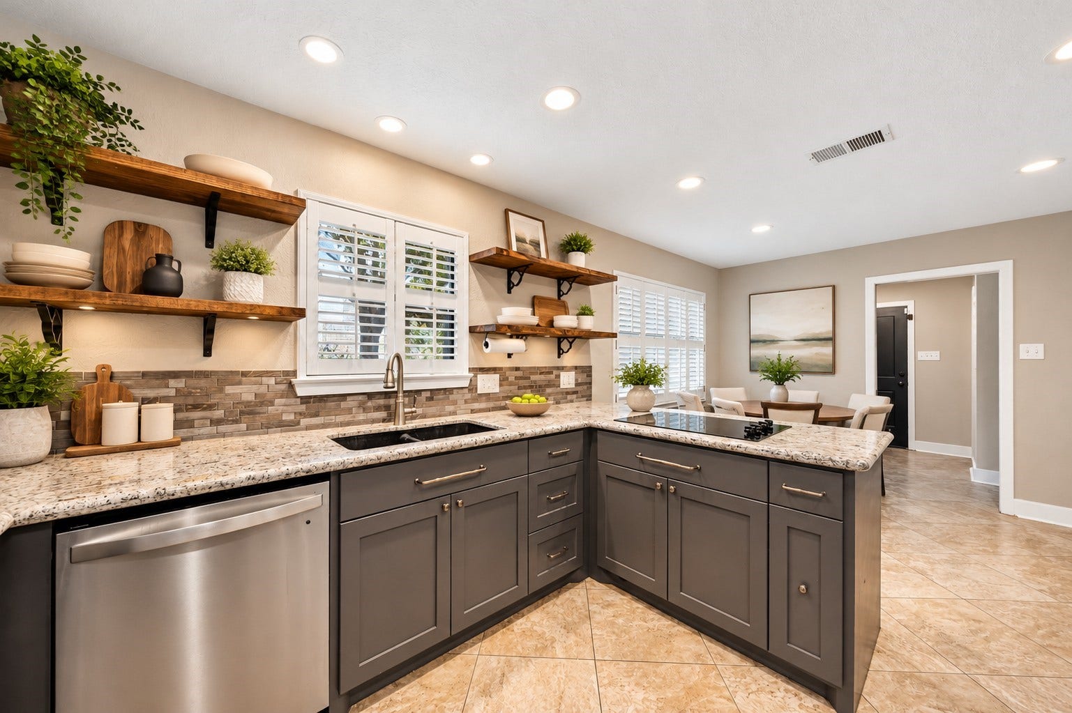 10818 Creektree Drive, Houston, TX 77070 Kitchen (Virtually Staged)
Beautifully appointed kitchen featuring granite countertops, gray cabinetry, decorative tile backsplash, stainless steel appliances, and open wood shelving. Abundant natural light enhances the inviting space.